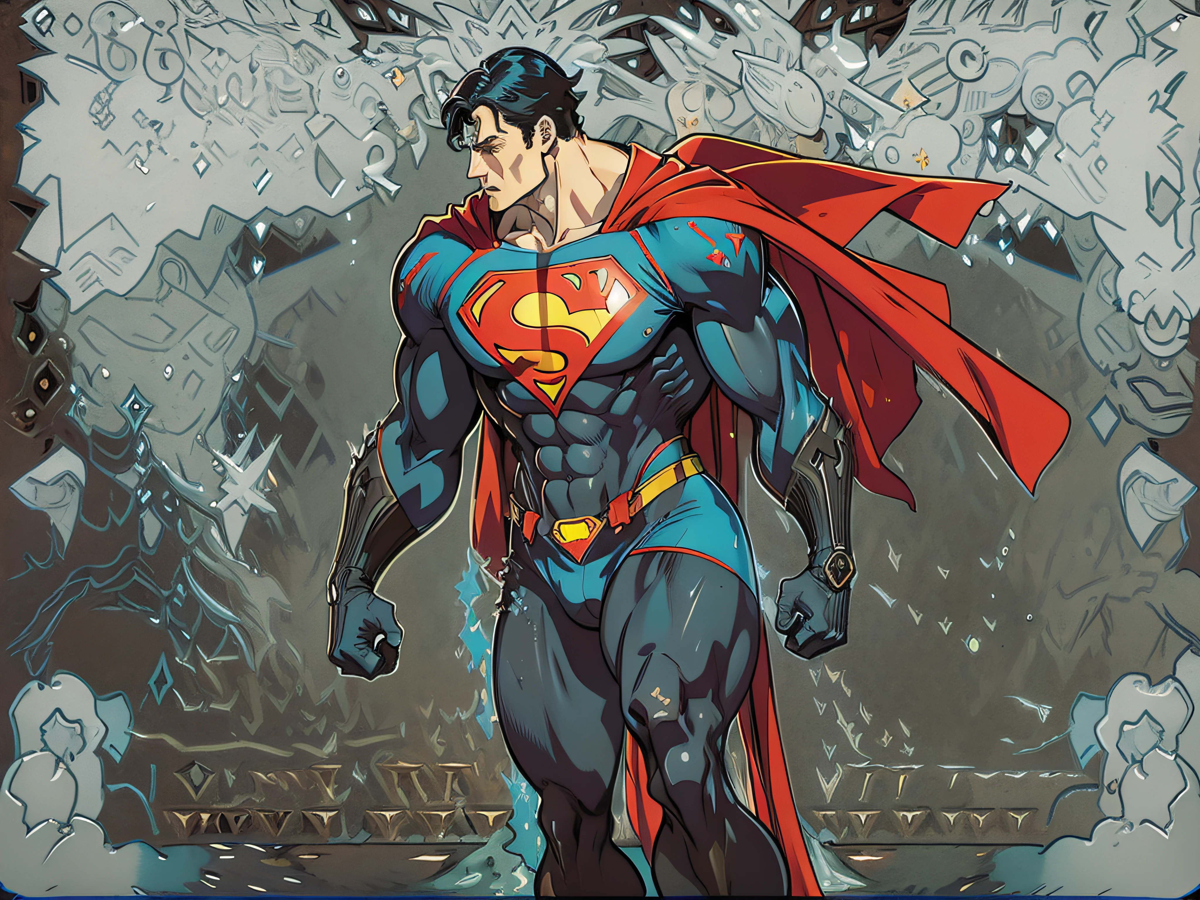 Superman in anatomical pose in black costume, estilo anime, e cristais ao fundo