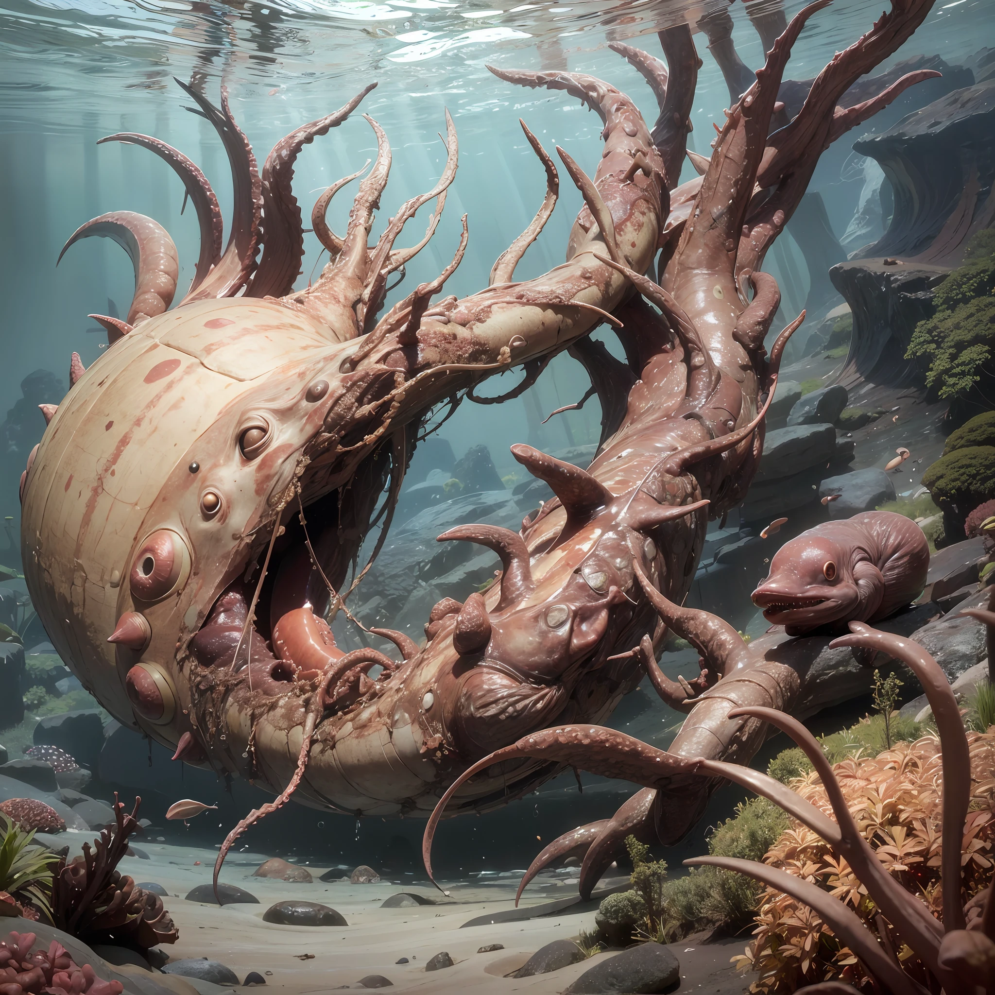 At the bottom of the deep ocean, Large octopus, Embedded in unnatural corals, Seaweed tangled, Twist Arm, Twisted body, billowing, Deep-sea fish, Assimilate with nature, Grotesque plants,fish monsters、japanes, Whole body, Faithful reproduction of a real human being, Very realistic, High quality, 8k resolution Photorealistic masterpiece