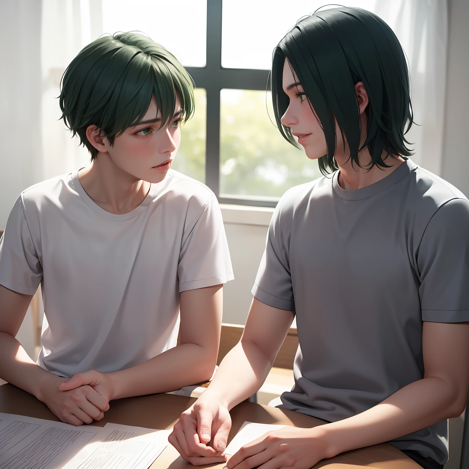 Two 15-year-old age male friends with Latin skin and bright green hair Light green eyes at school are talking about an important topic are friends almost like brothers.......