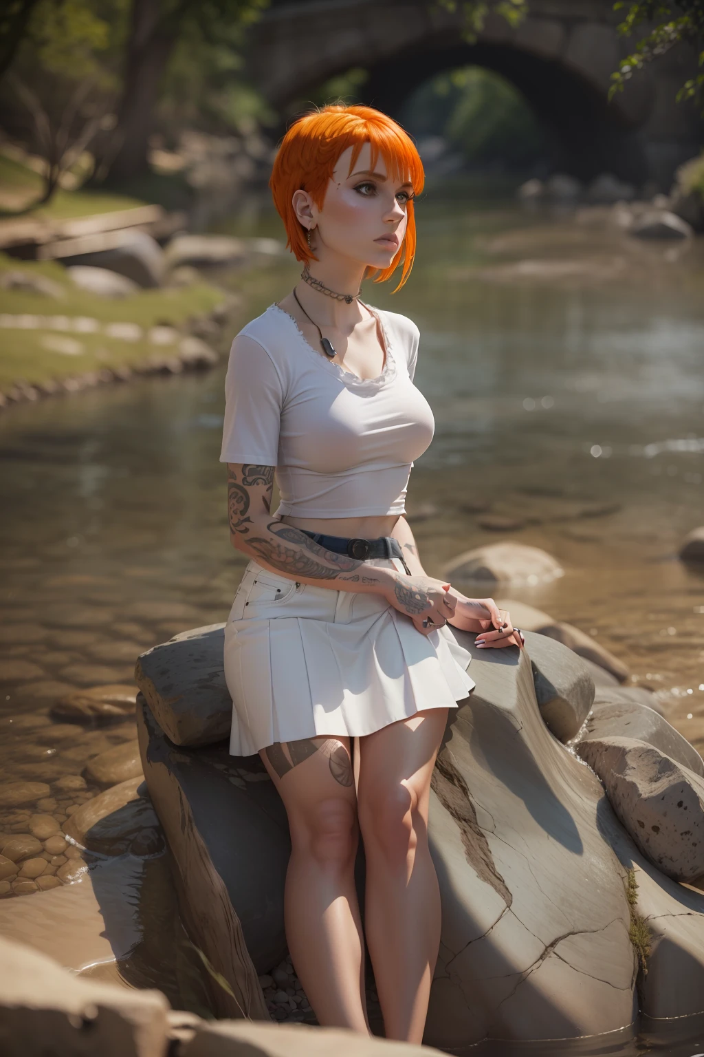(((Hayley Williams))), ((Hayley Williams sits on a large stone by the creek)), ((tall slender woman)), ((she has round breasts)), ((cropped white shirt with underboop)), ((she wears a short denim skirt)), (Wanderschuhe), ((Bauchnabel)) (kleiner Kopf), ((detailliertes Gesicht)), (fotorealistisch), (Raytracing), (scharfer Fokus), ((natural realistic skin texture))