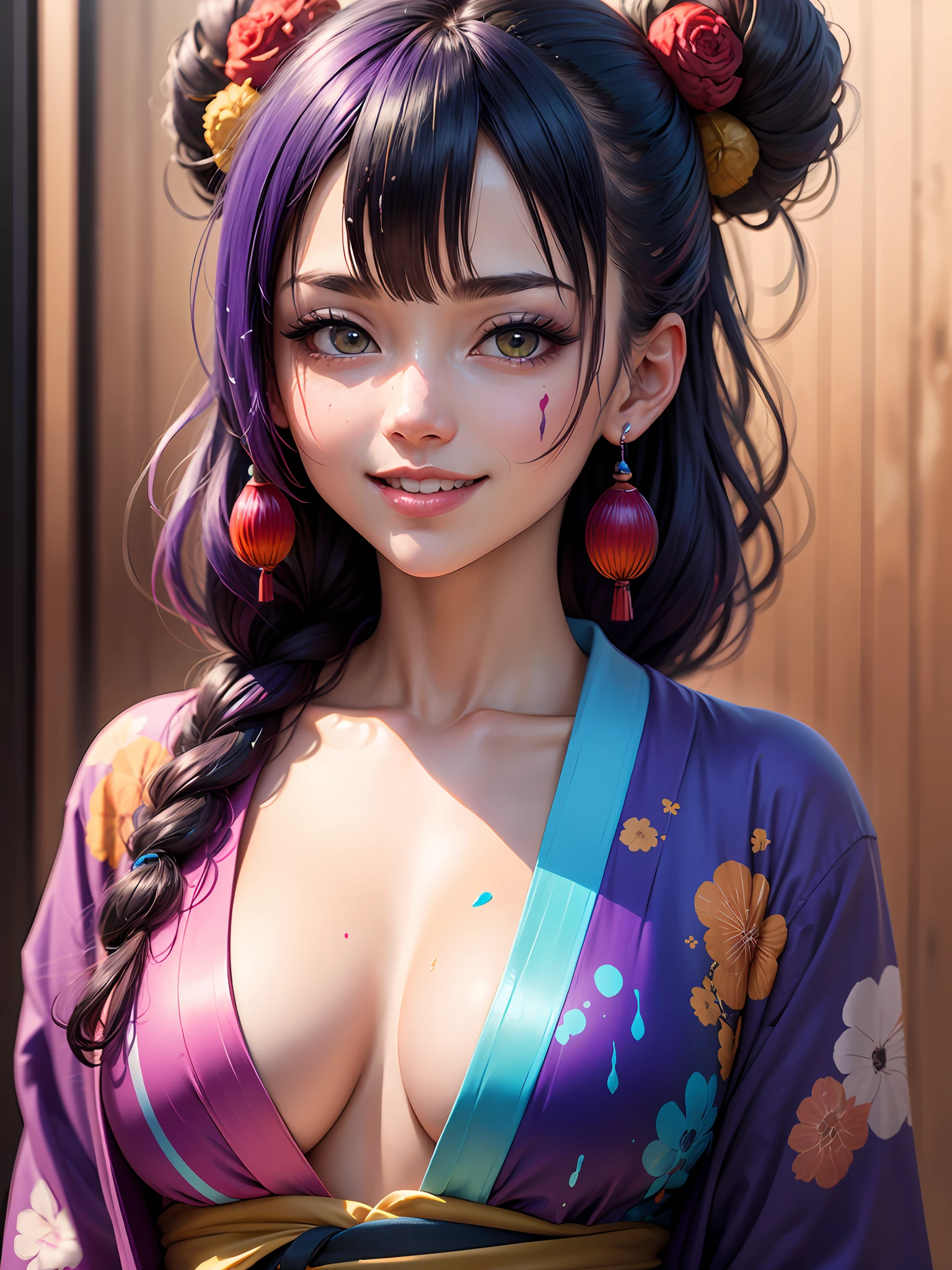 Masterpiece, Top Quality, Ultra Detailed, 8K, Detailed Light, Art, Adult, Beauty, Upper Body, Smile, Ultra Detailed Eyes, Clear Light, Mature, Rainbow Colored Hair, Rainbow Paint Yukata, Hair Ornament, Piercing, Kanzashi, Purple Nail, Background is Kyoto in Summer, Sunlight, Colorful Paint Explosion and Splatter, Rainbow Paint Background, Colorful Background Full Paint, Rainbow Color Yukata, Super Fine Texture Yukata, All Rainbow Paint, HDR, (Complex Detail, Super Detail: 1.15), Gorgeous Lighting, Rainbow, Paint Splatter, Splash, Very Rainbow, --auto