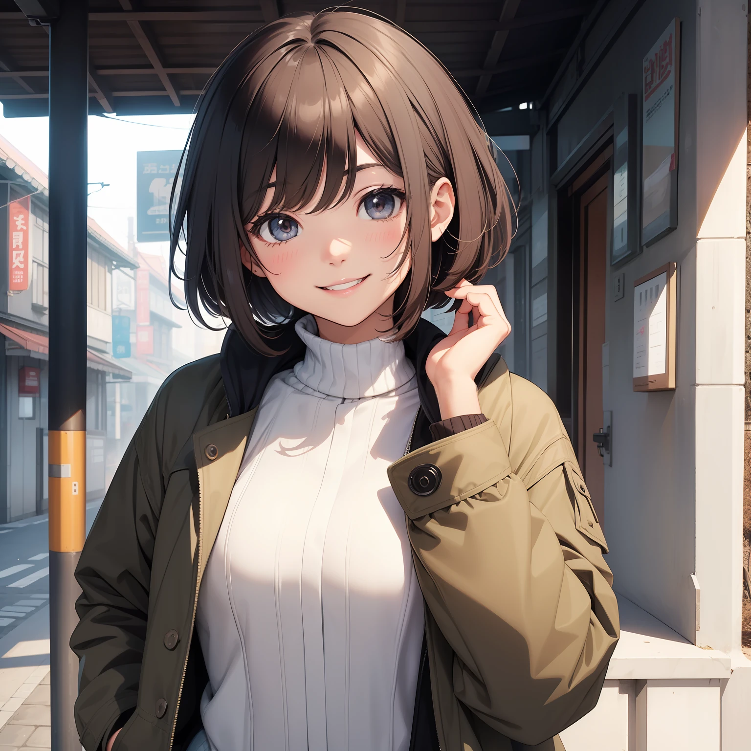 illustratio、girl with、a smile、short-hair、Oversized coat、natta