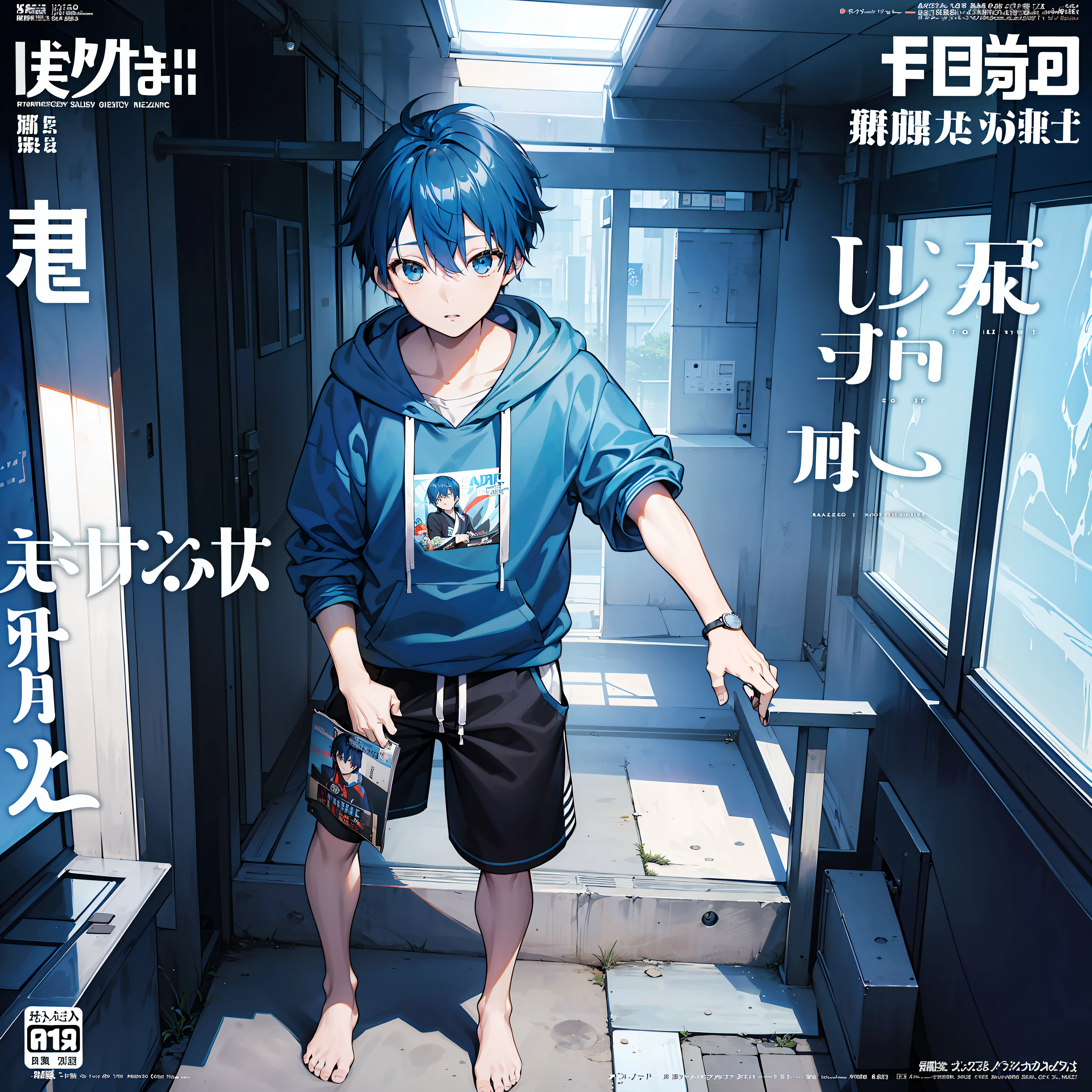 masterpiece, best quality, full body, (1boy), (blue hoodie), (Boy Messy Japanese Round Haircut for Thick Hair), (blue hair), black shorts, (solo), (magazine:1.3), (cover-style:1.3), fashionable,In side Tunnel Aquarium