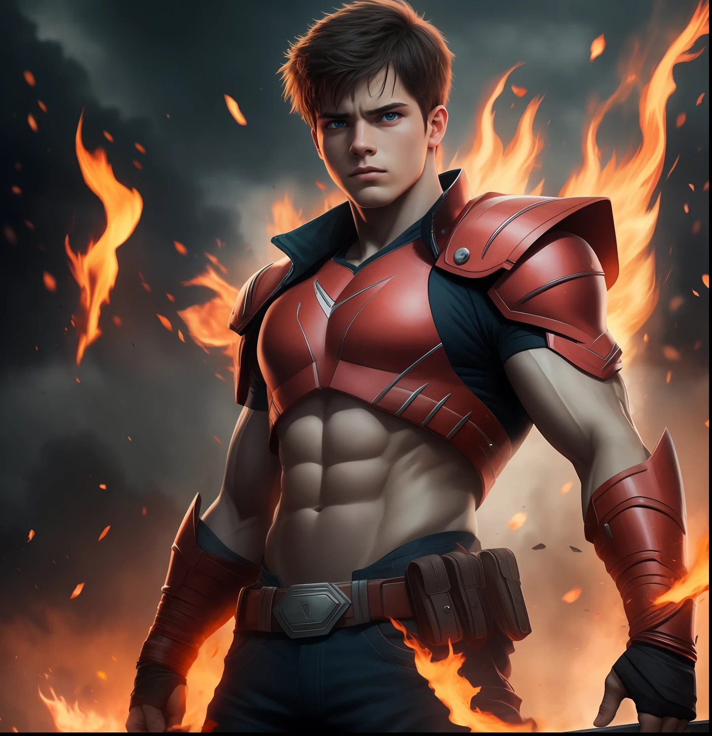 A boy, 22 years old, cinematic, epic imagen, high definition, full quality, super powered, fire in hands, thunders eyes