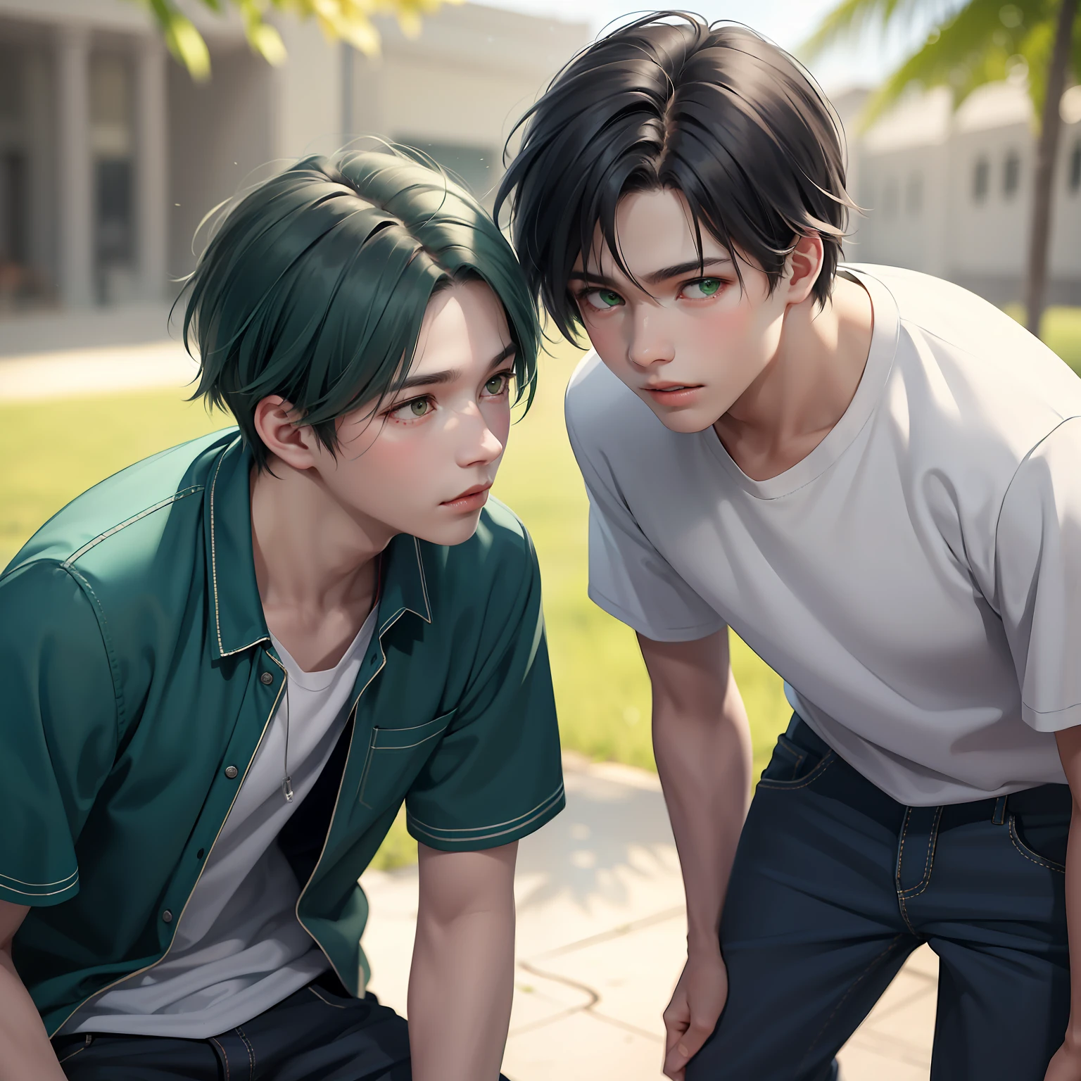 Two 15-year-old teenage male friends with Latin skin and bright green hair light green eyes are at school are talking about an important topic are friends almost like brothers.......