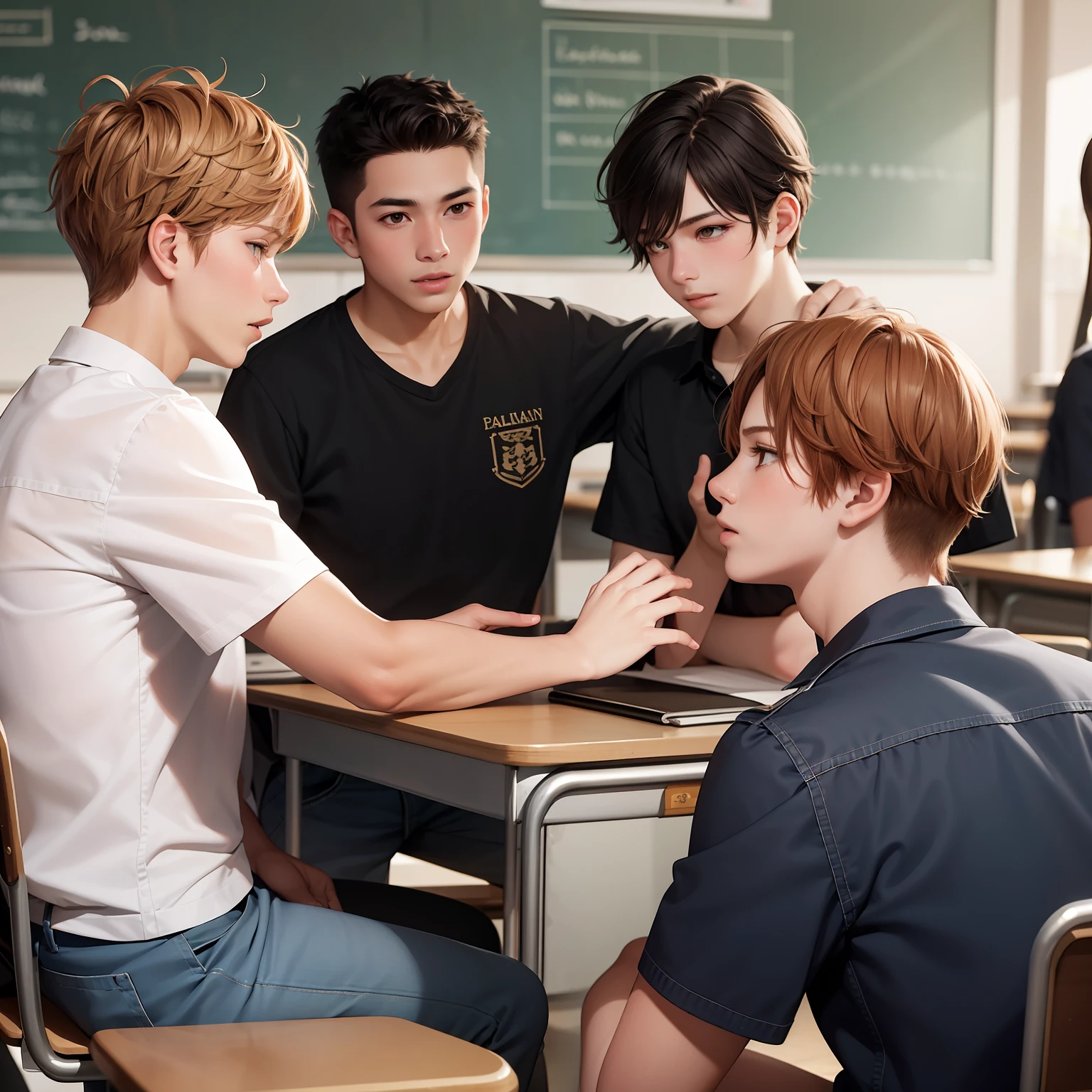 15-year-olds in school uniform with brown Latin skin and orange hair, estan en la escuela hablan preocupados hablan sobre algo importante