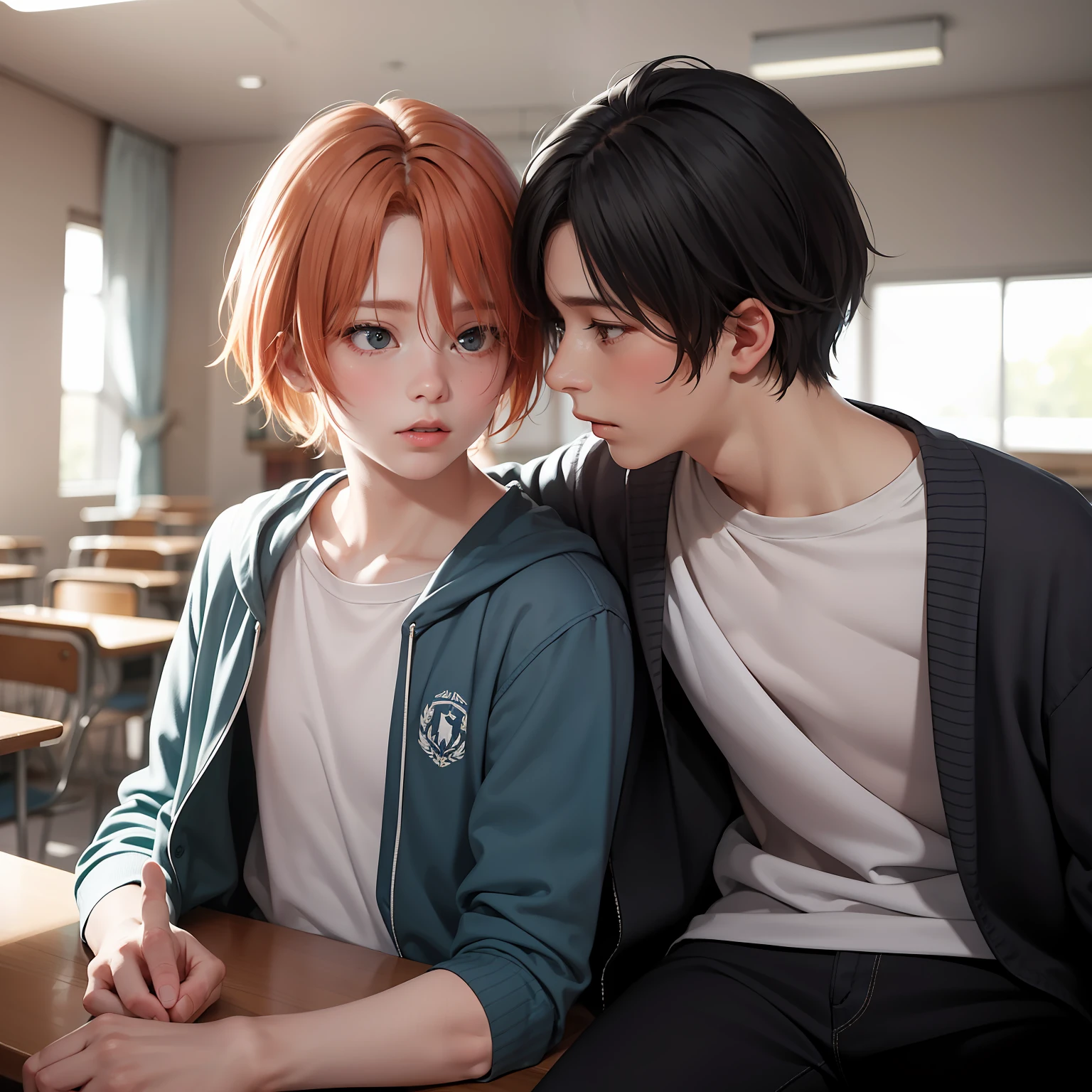 Two -yeld ore-haired teenage friends chatting at school share a secret that they are almost brother-like friends.. (usar los mismo personajes)