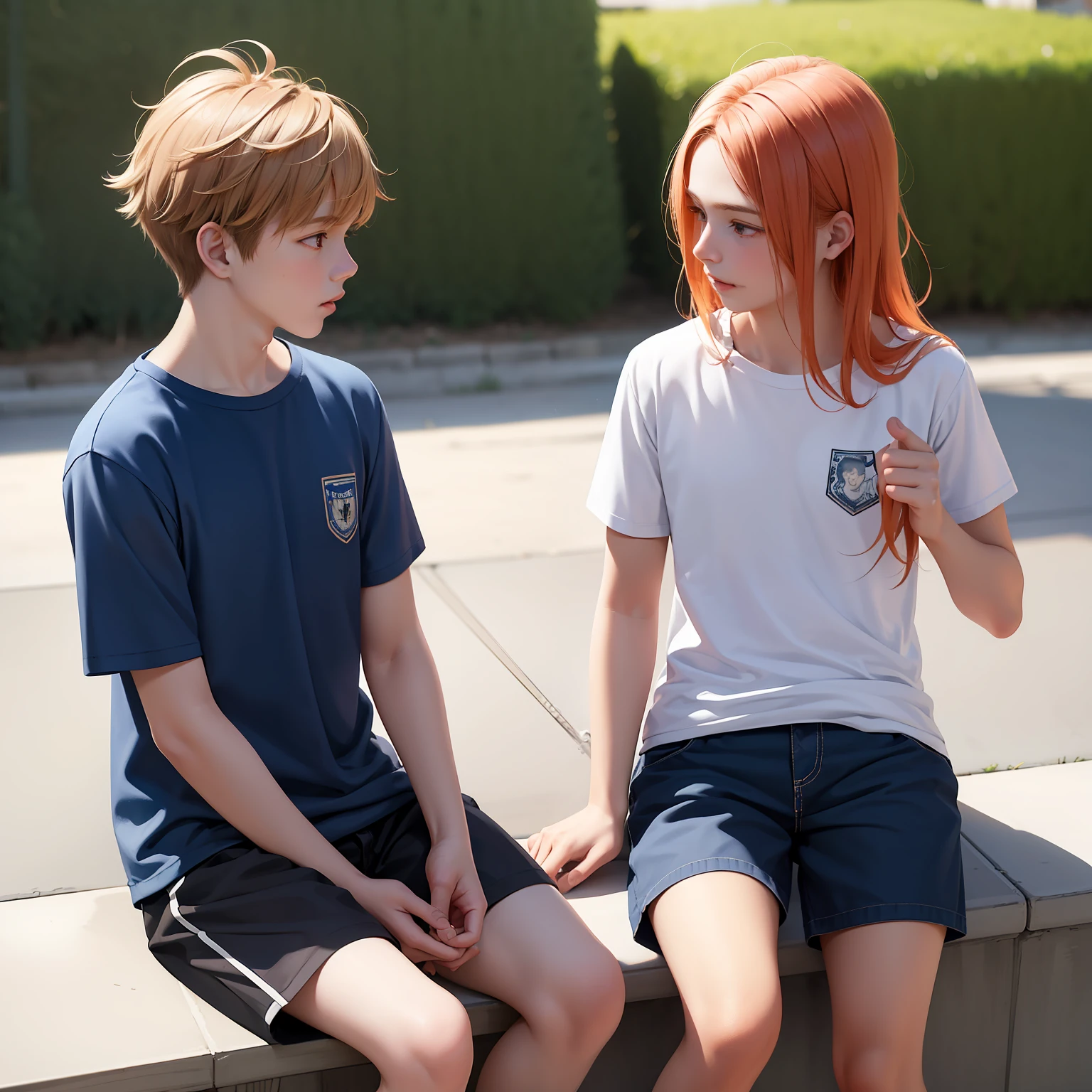 Two 15-year-old orange-haired teenage friends chatting at school share a secret that they are almost brother-like friends.. (usar los mismo personajes)