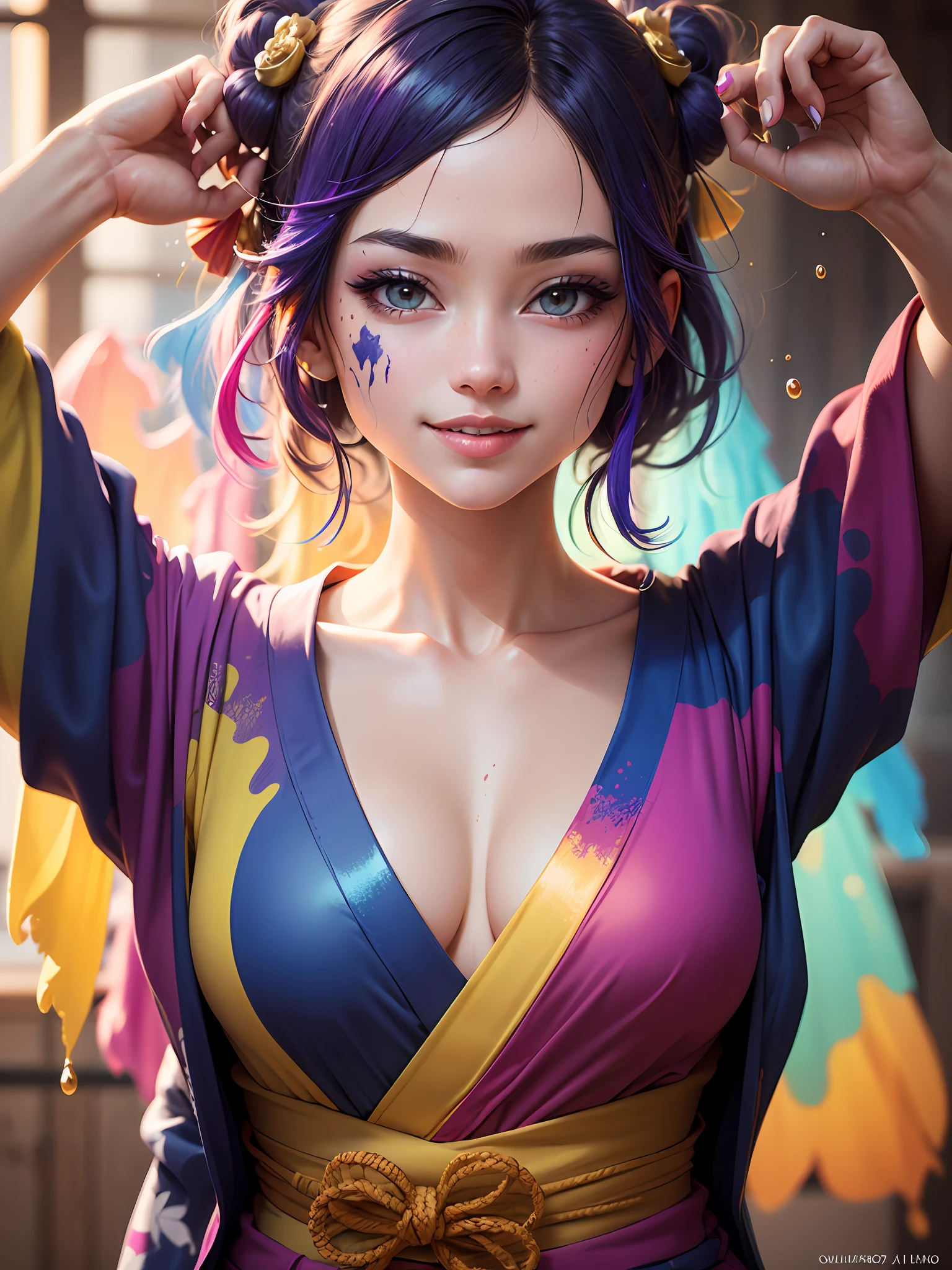 Masterpiece, Top Quality, Ultra Detailed, 8K, Detailed Light, Art, Adult, Beauty, Upper Body, Smile, Ultra Detailed Eyes, Clear Light, Mature, Rainbow Colored Hair, Rainbow Paint Yukata, Hair Ornament, Piercing, Kanzashi, Purple Nail, Background is Kyoto in Summer, Sunlight, Colorful Paint Explosion and Splatter, Rainbow Paint Background, Colorful Background Full Paint, Rainbow Color Yukata, Super Fine Texture Yukata, All Rainbow Paint, HDR, (Complex Detail, Super Detail: 1.15), Gorgeous Lighting, Rainbow, Paint Splatter, Splash, Very Rainbow, --auto