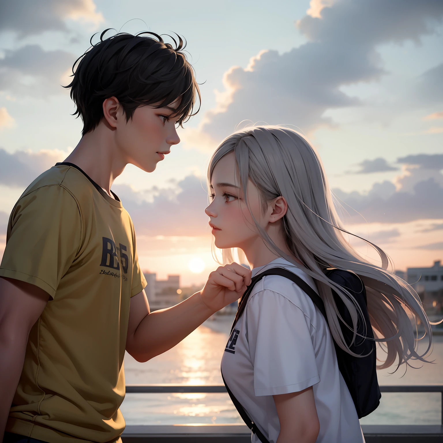 Two 15-year-old age friends with brown skin and cloud-light gray hair at school talk about being friends almost like siblings...