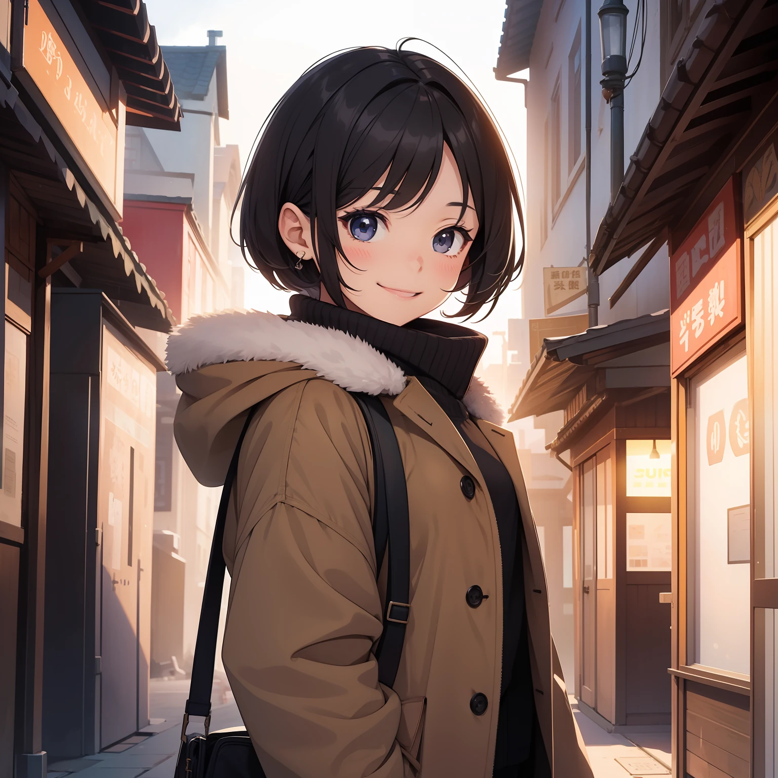 illustratio、girl with、a smile、short-hair、Oversized coat、early evening