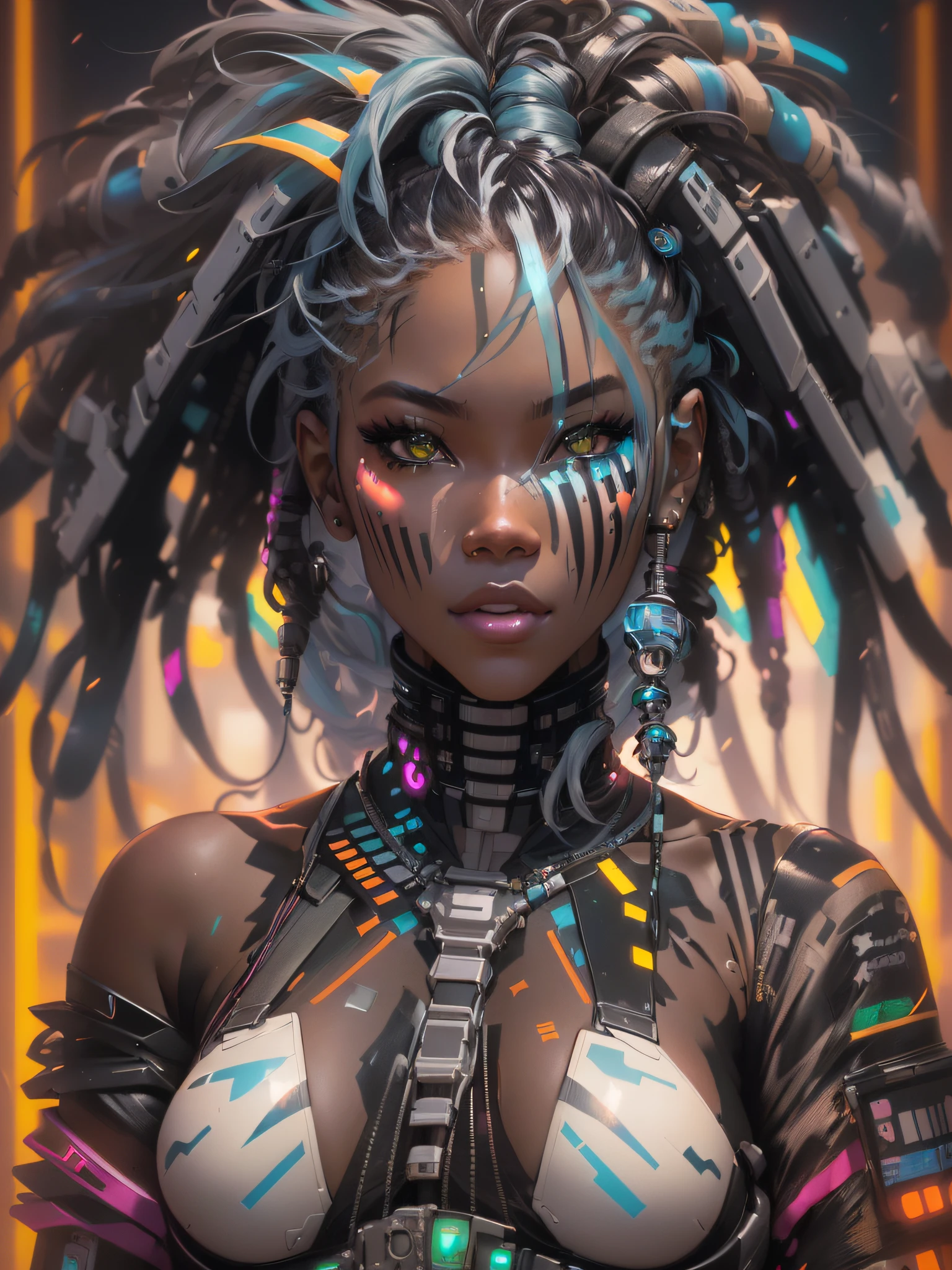 a close up of a woman with a very large breast and a very long hair, rossdraws | afrofuturism, dreamy cyberpunk girl, cyberpunk art style, beautiful cyberpunk girl face, futuristic art style, cyberpunk beautiful girl, digital cyberpunk anime art, the cyberpunk girl portrait, cyberpunk digital painting, cyberpunk themed art, cyberpunk portrait, advanced digital cyberpunk art, digital cyberpunk - anime art