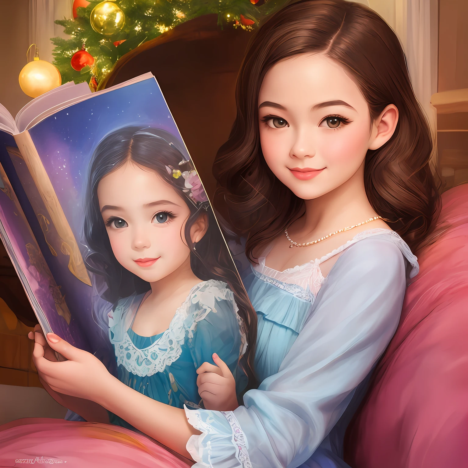 3D, a beautiful little girl and is thinking about holidays smiling with her face resting on her hands , an open book, in her pastel colored bedroom,, in the style of , Chrys Dyer Ross Tran Alberto Vargas style can't believe how beautiful it is, realistic portraits, cartoon art