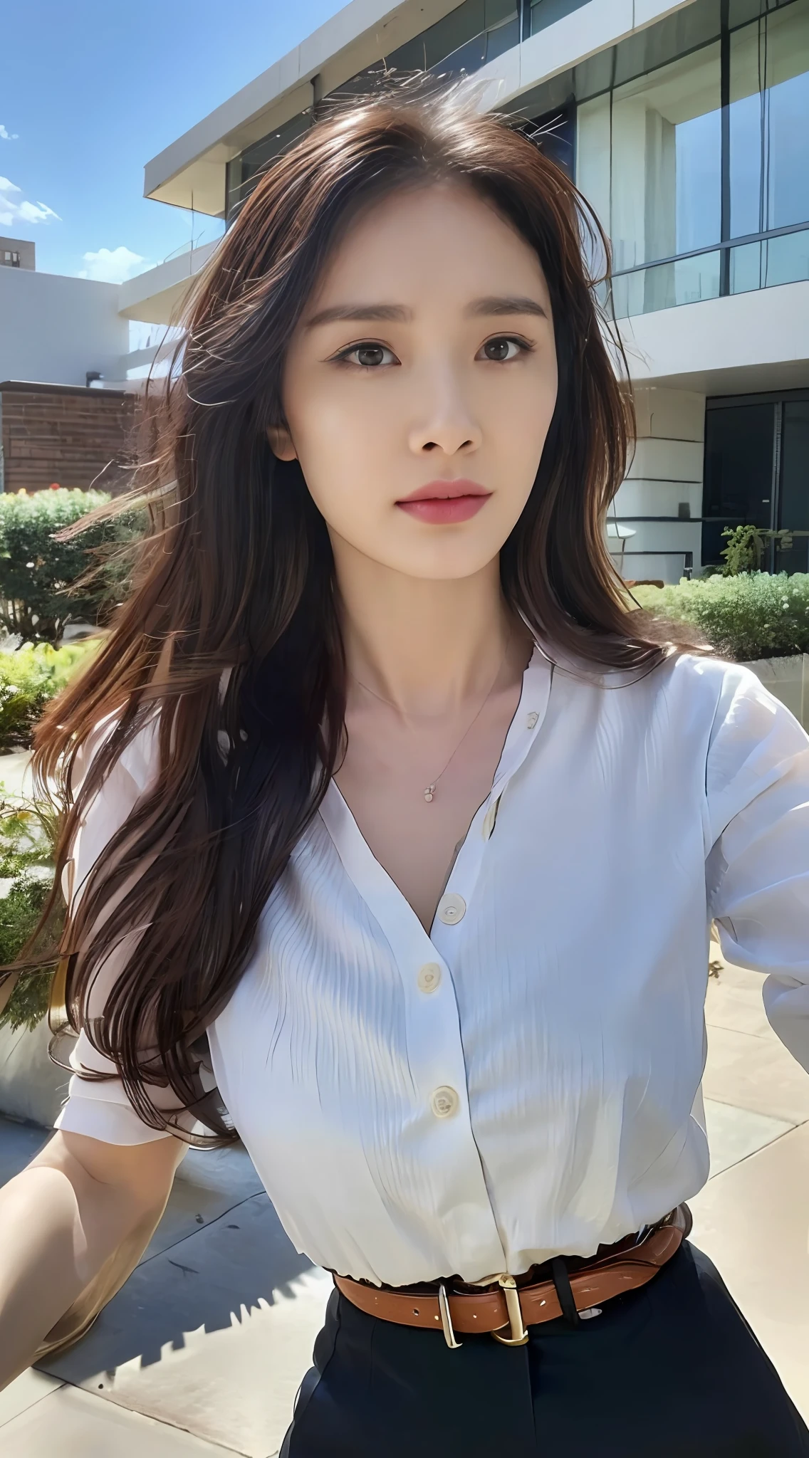 (Best quality, High resolution, Masterpiece :1.3), A tall and pretty woman, Slender abs, Dark brown hair styled in loose waves, Breasts, Wearing pendant, White button up shirt, Belt, Black skirt, (Modern architecture in background), Details exquisitely rendered in the face and skin texture, Detailed eyes, Double eyelid