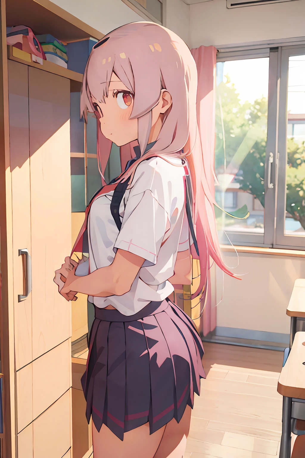 1 long hair，girl wearing school uniform（short- sleeved），Superskirt，Pink hair，looks away，standing on your feet，embarressed，Be red in the face，Mouth closed，anime big breast，‎Classroom，（Underwear is white），Oyama Makoto