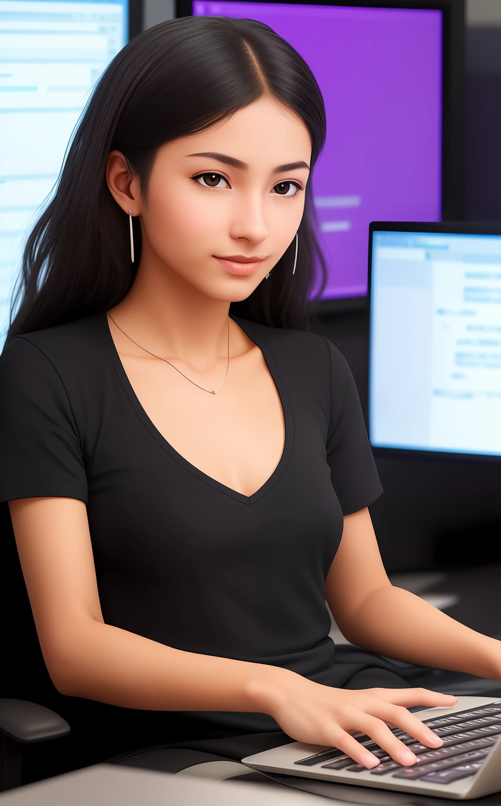 Creates a female programmer with black skin, thick eyes, thin fleshy lips, with computer in her lap and concentrated;