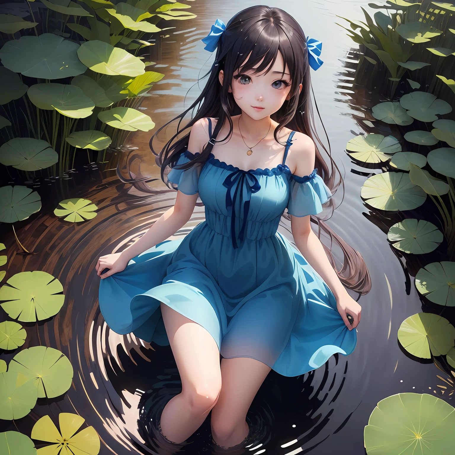 anime girl in a blue dress floating in a pond of water, an anime drawing inspired by Yuki Ogura, pixiv, process art, loli in dress, wallpaper anime blue water, (anime girl), cute anime waifu in a nice dress, splash art anime loli, anime girl named lucy, digital art on pixiv, beautiful anime girl, hd anime wallaper