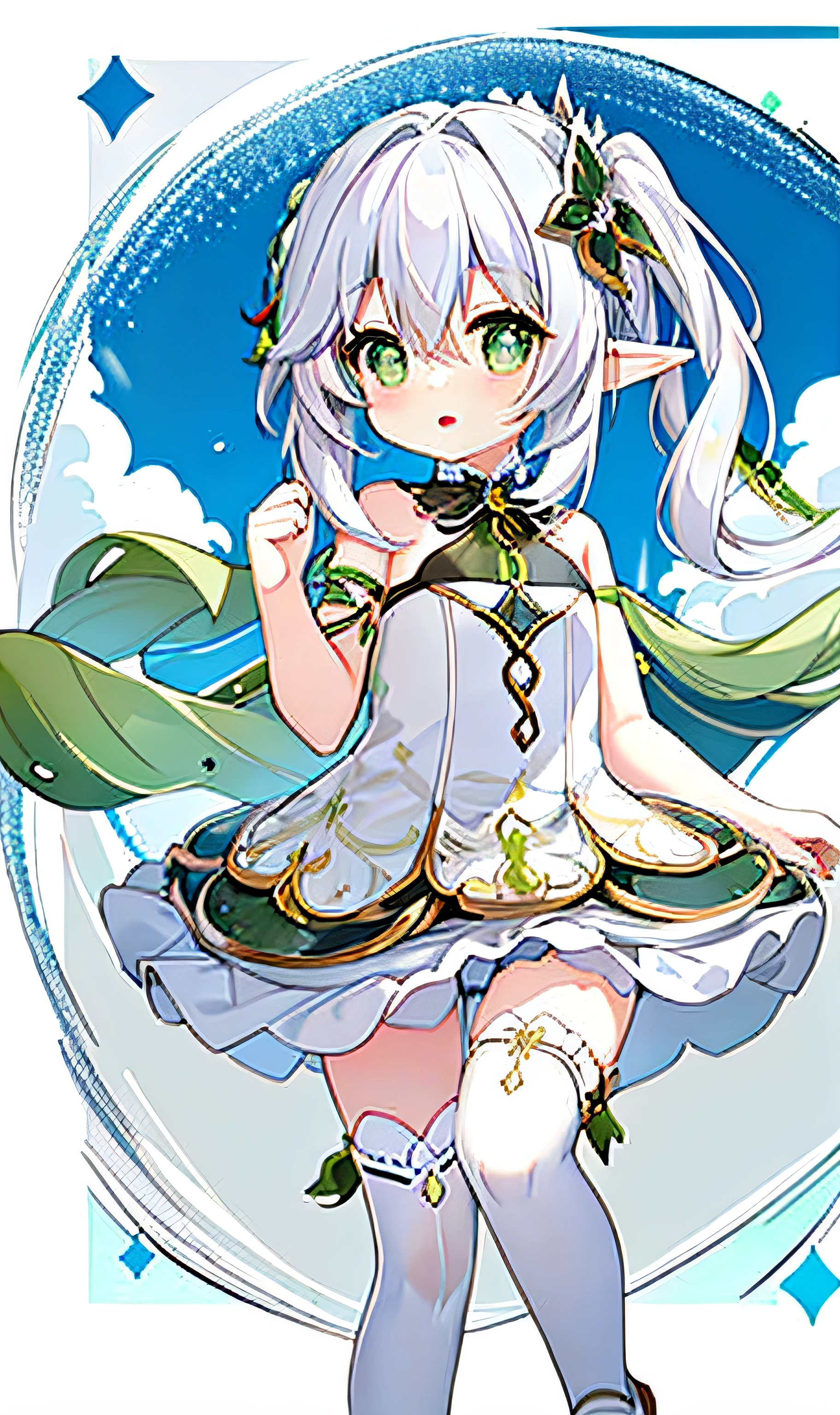 (white background: 1.4), (chibi: 1.2),
masterpiece, best quality,
Solo, ((an extremely delicate and beautiful girl)),(full body: 1.2), elf ear, hair ornament, chipped hair, short hair, light green eyes, medium chest, white dress, silver hair
standing,(ruffles),(white_thighhighs),holding,closing mouth,
fantasy, (surrounded by the wave of the sea), nahida, naked, completely naked, white bikini