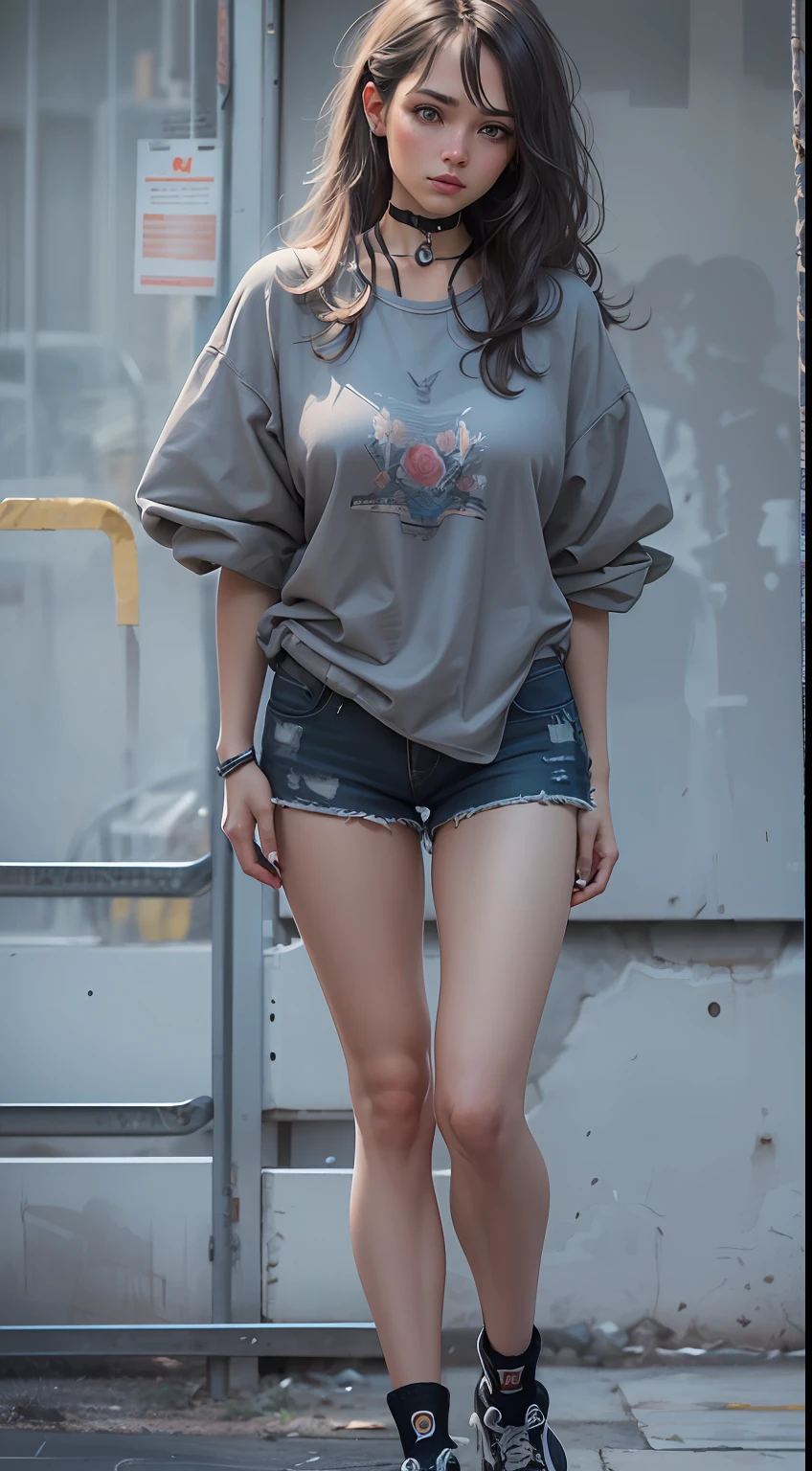 (masterpiece, finely detailed beautiful legs: 1.2), (on the street, lower body photos, Converse high-top canvas shoes with black pantyhose and canvas hot pants, wear a collar around the neck, gray tank top), volumetric lighting, latex choker, high top sneakers, canvas boots,black pantyhose, gray canvas hot pants, gray sports bra, denim shorts, hyper detailed, highly detailed, beautiful, small details, ultra detailed, best quality, sharp, digital illustration, detailed, realism, 4k, 8k, trending on artstation, good anatomy, beautiful lighting, award-winning, photorealistic, realistic shadows, realistic lighting, beautiful lighting, raytracing, intricate details, moody, rule of thirds, masterpiece, (illustration:1.1), highres, (extremely detailed CG, unity, 8k wallpaper:1.1), ultra realistic, masterpiece, bokeh, extremely detailed, intricate, zoomout, colorful, vibrant colors