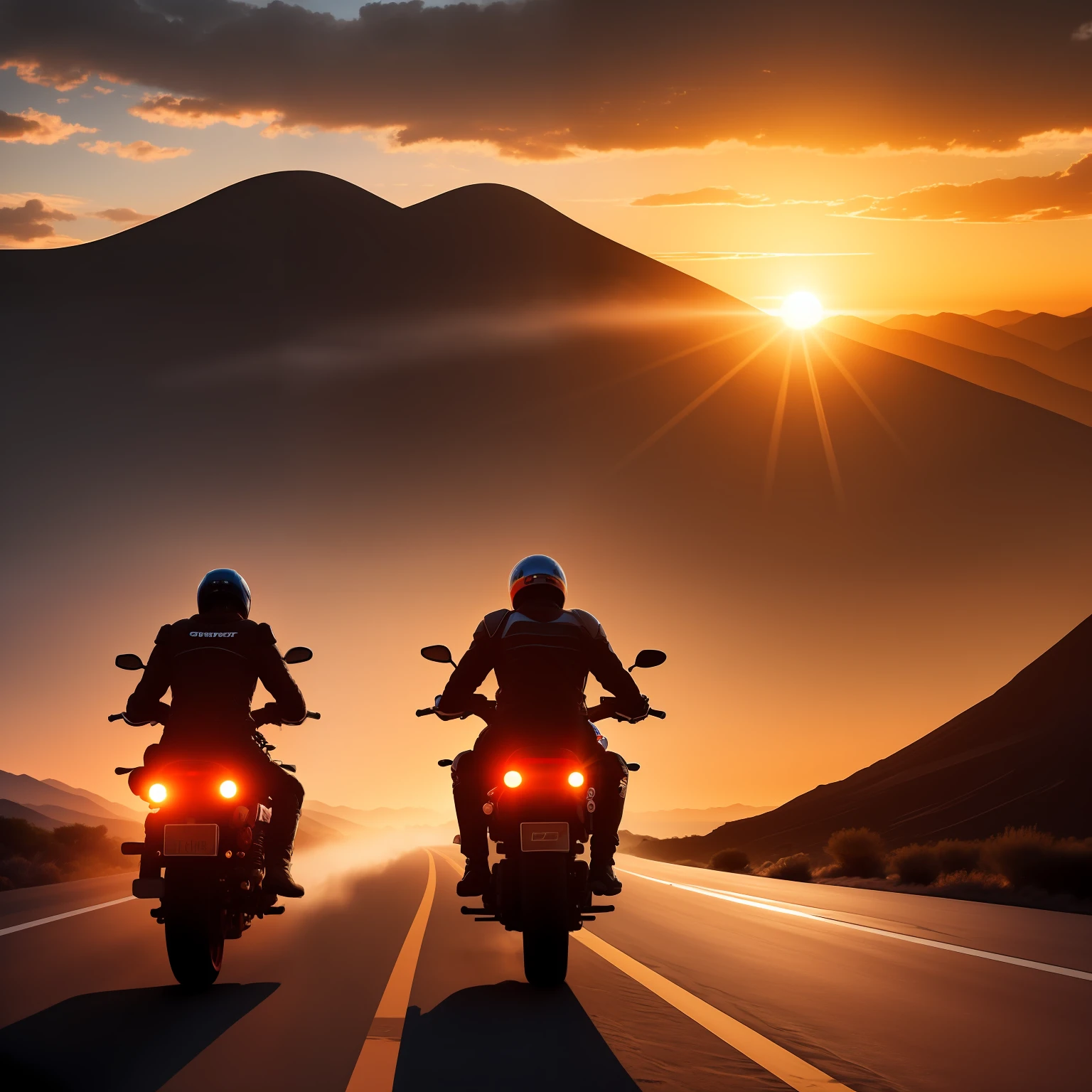 Two Riders of the Time riding side by side on two cool motorcycles leaving a cloudy dust behind orange sunset in a desolated valley on a path leading to a futuristic city scape on the horizon into an oasis of blue sunny sky. camera from behind