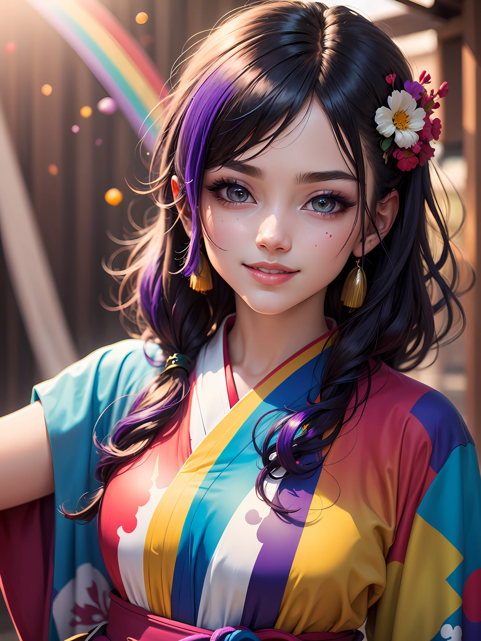 Masterpiece, Top Quality, Ultra Detailed, 8K, Detailed Light, Art, Adult, Beauty, Upper Body, Smile, Ultra Detailed Eyes, Clear Light, Mature, Rainbow Colored Hair, Rainbow Paint Yukata, Hair Ornament, Piercing, Kanzashi, Purple Nail, Background is Kyoto in Summer, Sunlight, Colorful Paint Explosion and Splatter, Rainbow Paint Background, Colorful Background Full Paint, Rainbow Color Yukata, Super Fine Texture Yukata, All Rainbow Paint, HDR, (Complex Detail, Super Detail: 1.15), Gorgeous Lighting, Rainbow, Paint Splatter, Splash, Very Rainbow, --auto