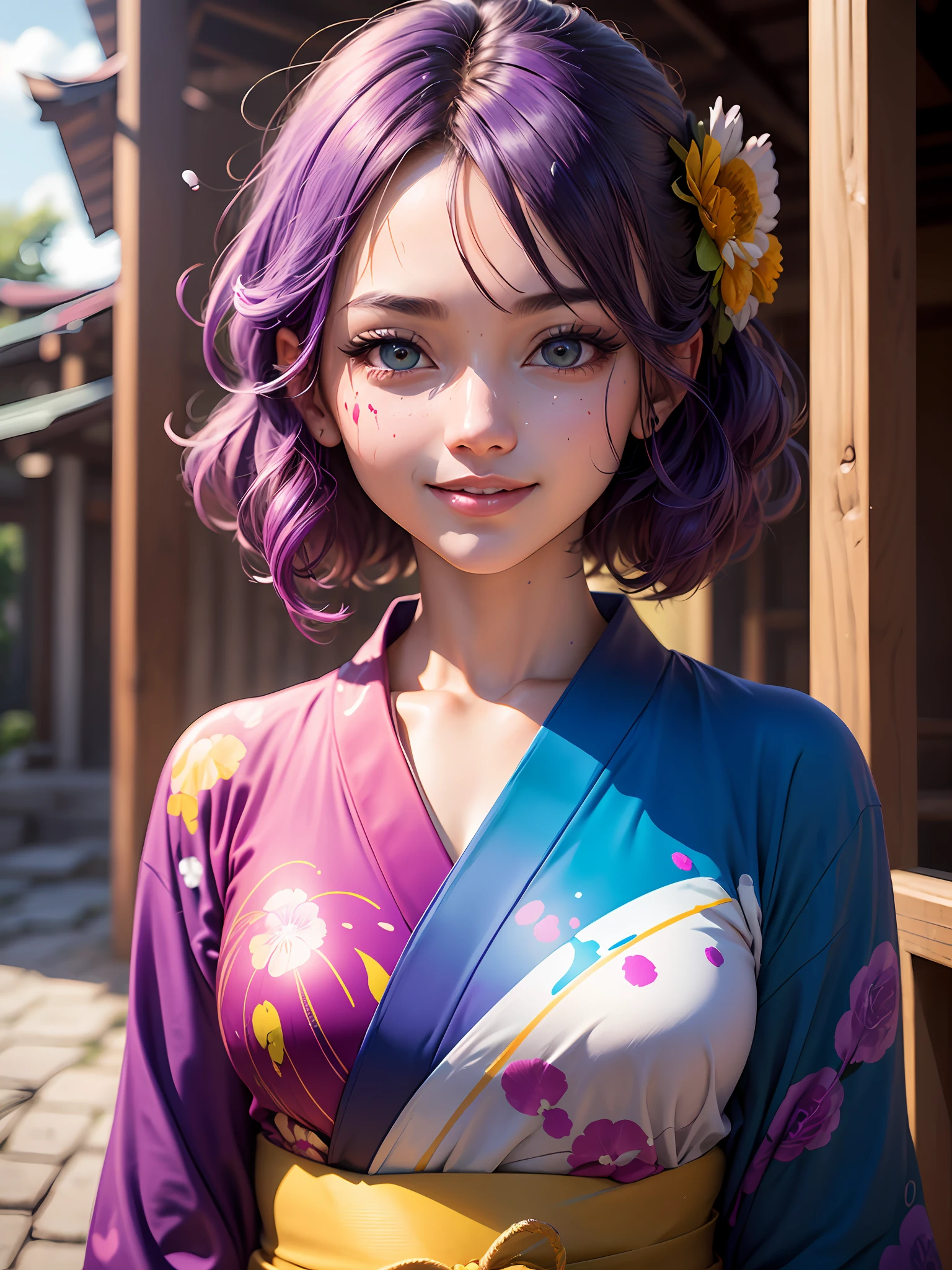 Masterpiece, Top Quality, Ultra Detailed, 8K, Detailed Light, Art, Adult, Beauty, Upper Body, Smile, Ultra Detailed Eyes, Clear Light, Mature, Rainbow Colored Hair, Rainbow Paint Yukata, Hair Ornament, Piercing, Kanzashi, Purple Nail, Background is Kyoto in Summer, Sunlight, Colorful Paint Explosion and Splatter, Rainbow Paint Background, Colorful Background Full Paint, Rainbow Color Yukata, Super Fine Texture Yukata, All Rainbow Paint, HDR, (Complex Detail, Super Detail: 1.15), Gorgeous Lighting, Rainbow, Paint Splatter, Splash, Very Rainbow, --auto