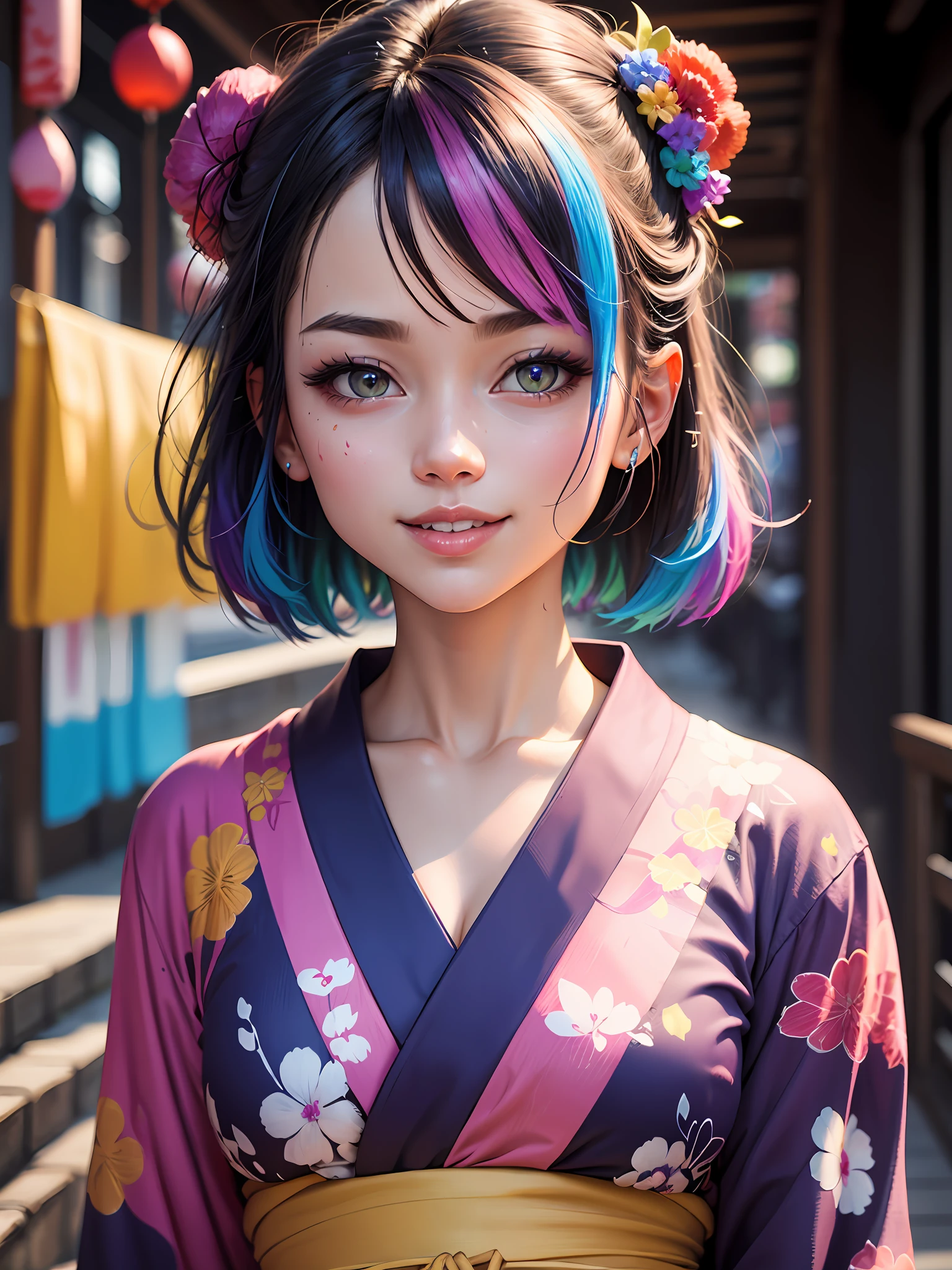 Masterpiece, Top Quality, Ultra Detailed, 8K, Detailed Light, Art, Adult, Beauty, Upper Body, Smile, Ultra Detailed Eyes, Clear Light, Mature, Rainbow Colored Hair, Rainbow Paint Yukata, Hair Ornament, Piercing, Kanzashi, Purple Nail, Background is Kyoto in Summer, Sunlight, Colorful Paint Explosion and Splatter, Rainbow Paint Background, Colorful Background Full Paint, Rainbow Color Yukata, Super Fine Texture Yukata, All Rainbow Paint, HDR, (Complex Detail, Super Detail: 1.15), Gorgeous Lighting, Rainbow, Paint Splatter, Splash, Very Rainbow, --auto