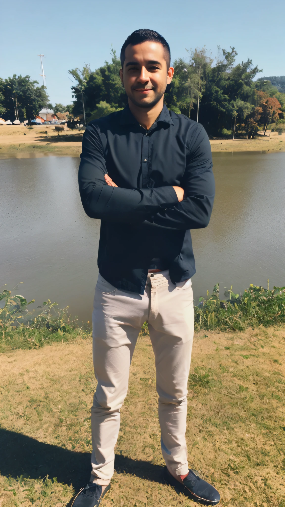 Arafed man standing in front of a lake with his arms crossed, standing next to water, imagem de corpo inteiro, standing in a pond, full body photogenic shot, foto de corpo inteiro, tiro de corpo inteiro, fotografia de corpo inteiro, tiro longo de corpo inteiro, foto de corpo inteiro, standing in a lake, corpo inteiro!, foto de retrato de corpo inteiro, tiro de corpo inteiro