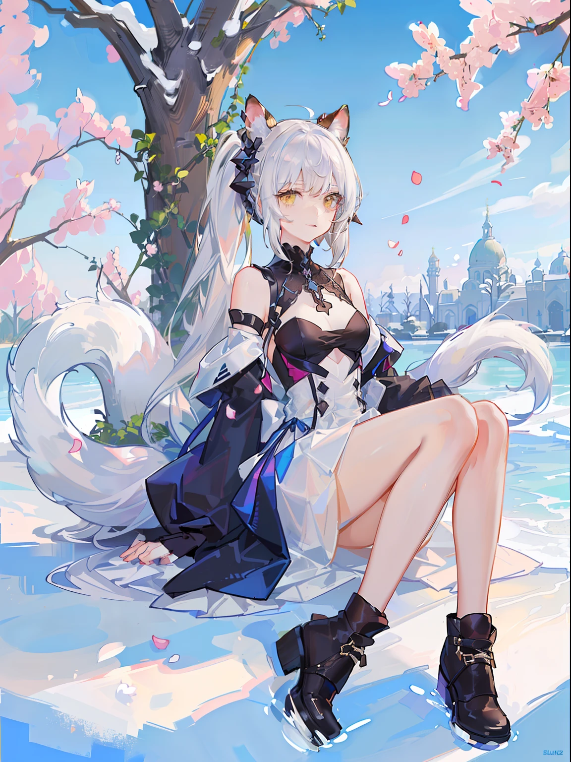 Full body standing painting,tmasterpiece,high qulity,Stuffed animal ears,The tail is a giant squirrel tail, Same color as ears, But the white part is whiter than the hair (Close to pure white)It is also draped with irregular petals,The antlers are brown and curved, The hair is white overall, There are irregular yellow and black pickaxes, Low hairstyle, There is a small braid on the right side of the ponytail, Irregular petals fall on the head, The neckline is a bell, The chest has a cutout design, The right side of the skirt is different from other fabrics, The fabric is harder,folds, The sleeves have two layers, The inner layer is white,