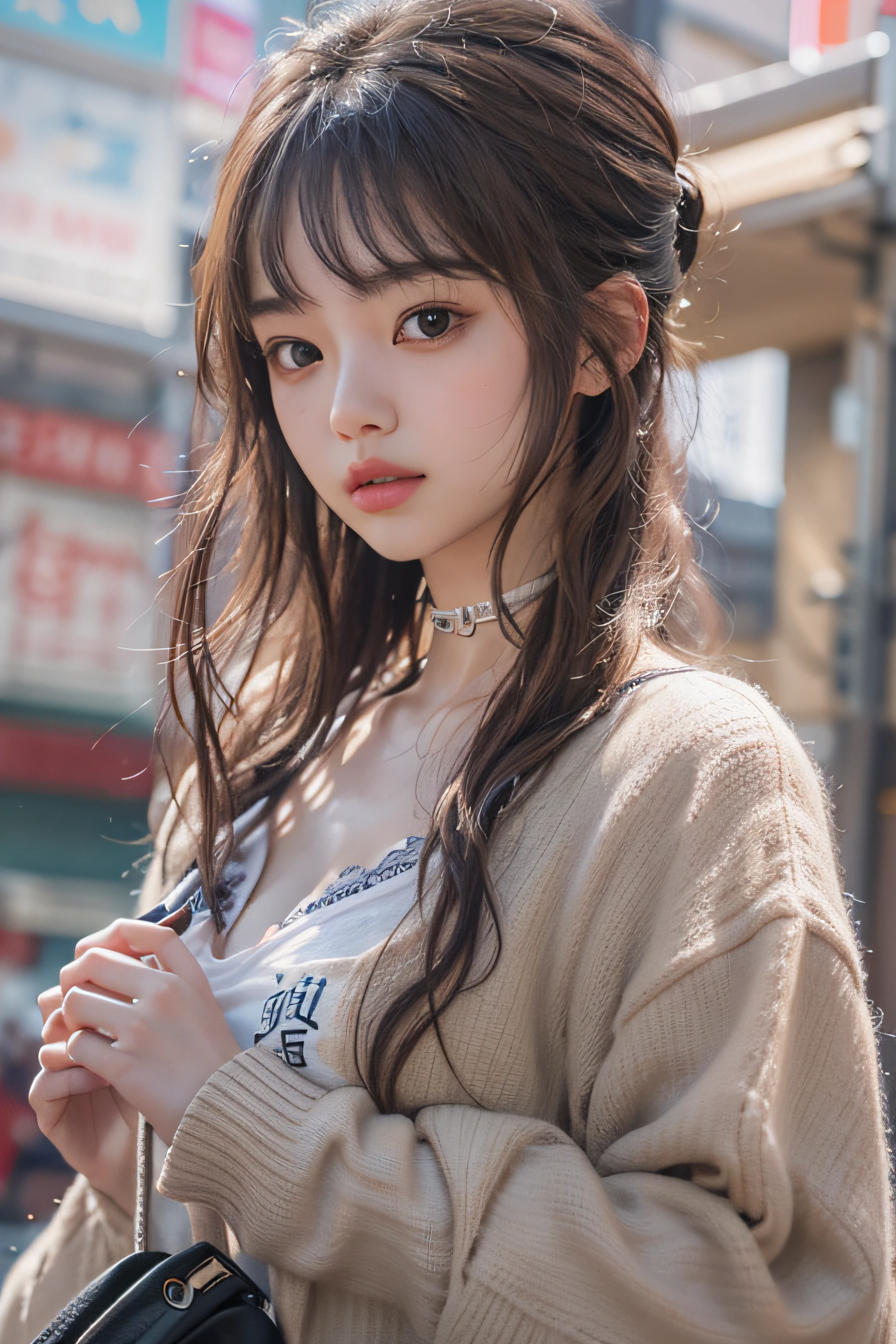 Best Quality Detail:1.2, realisitic, 8K UHD, hight resolution, 1girl in:1.2, The ultra-detailliert, High quality textures, intricate detailes, detaileds, Very detailed CG, High quality shadows, Detail Beautiful delicate face, Detail Beautiful delicate eyes, depth of fields, Ray traching, in her 20s, Pretty Kpop Girl, Korean Urzan Face:1.1, Slender face, ulzzang -6500-v1.1:0.6, pureerosface_v1, gloweyes, teak, Glossy lips, perfectbody, a choker、cleavage of the breast、 Brown hair、poneyTail:1.1, Street, Particle, look at viewr, Photorealsitic:1.4, ultra-detailliert, photos realistic, 4K 8K UHD Full Color RAW Photos, Fuji Film(Medium format:1.2), Hasselblad:1.2, Carl zeiss:1.1, Incredible dynamic range photography(UTIL_Art by Smoose-768:1.1), hight resolution, High pixel count, clear details, crisp image, Natural color reproduction, Noise Reduction, High fidelity, qulity, Software Improvements, Upscaling, Optimized algorithms, Pro-level retouching、((Shibuya, tokyo prefecture))、On the way to shopping、((Fashionable clothes with a very high design))、graphic t-shirt: Art and Logos、Graphic T-shirts printed with anime characters are trending.、Used for unique styling