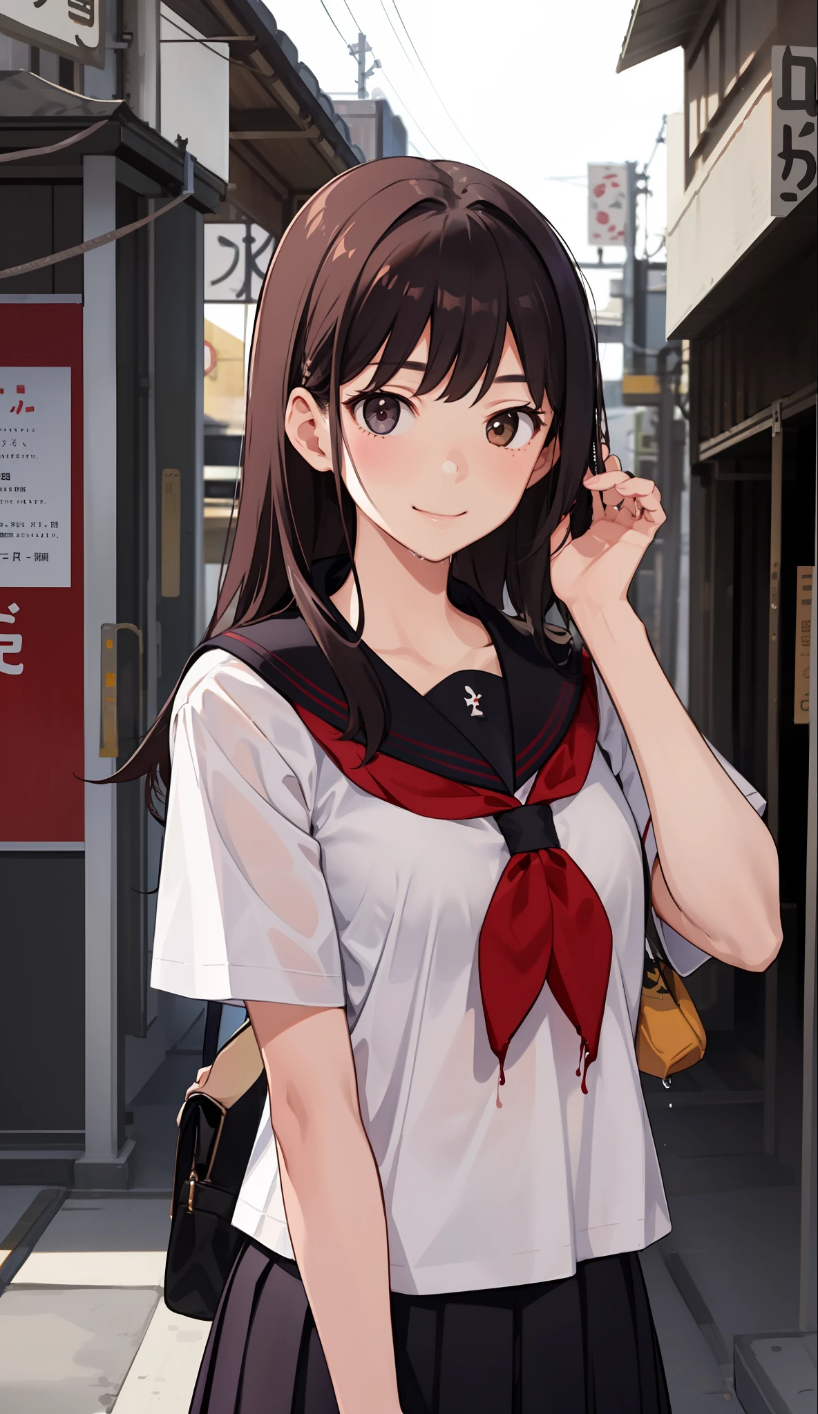 1girl in、A smile、The shirt、skirt by the、(small tits)Chilarism、Japan High School Student Uniform、serafuku、summer clothing、Squall Drenched Uniform、 bra very、(Upper body portrait)、
