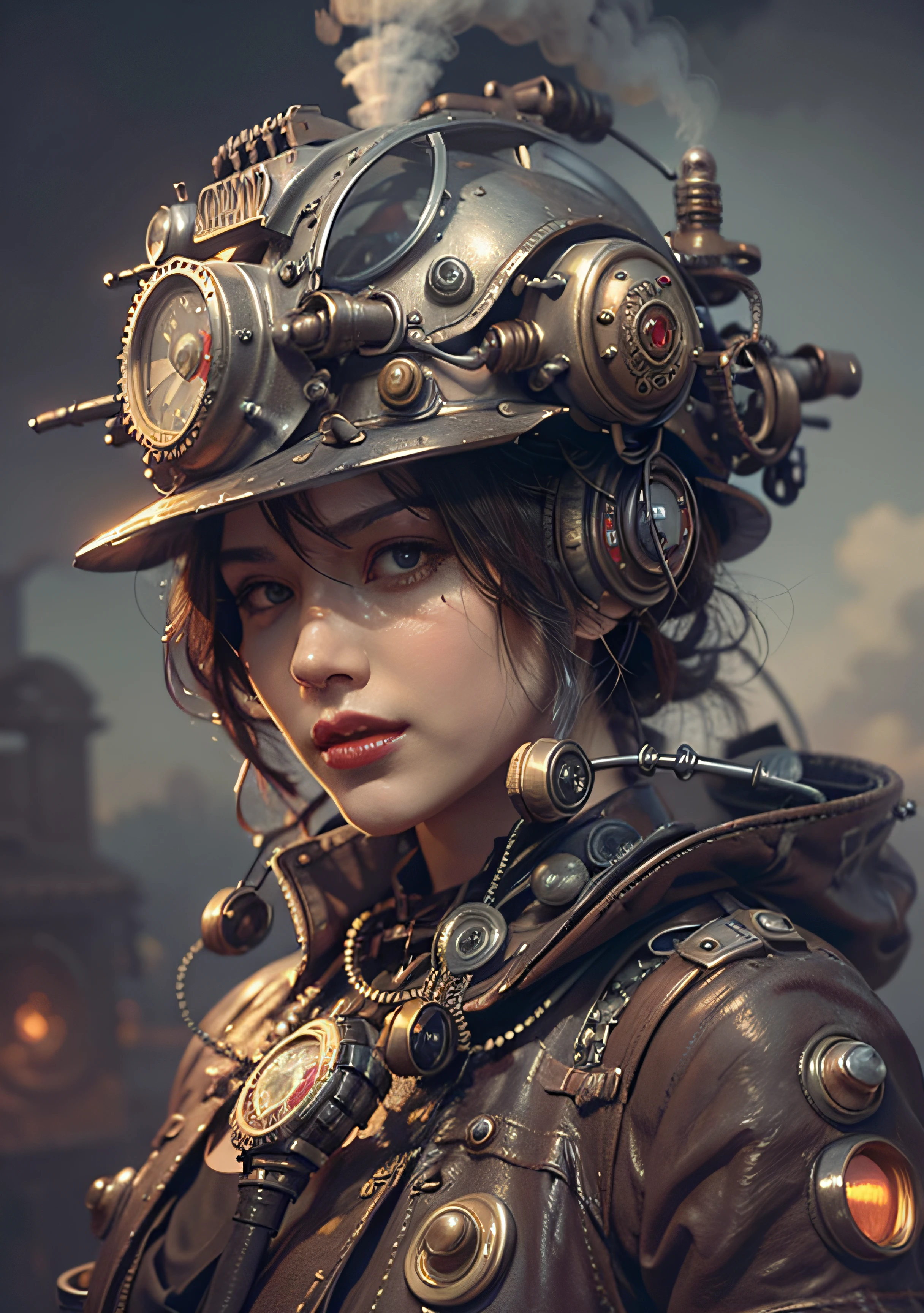 There's a woman with a steam-powered helmet, arte conceitual steampunk, arte steampunk digital, arte steampunk de alta qualidade, Wojtek FUS, arte digital steampunk, detailed steampunk illustration, Portrait of a mechanical woman, arte steampunk, estilo de arte dieselpunk, cyberpunk steampunk, estilo de fantasia steampunk, Arte digital altamente detalhada em 4k, sci-fi steampunk