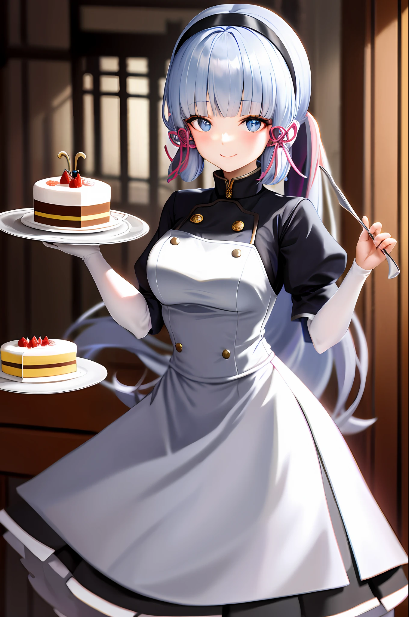 Beautiful cake chef girl,Long hair micro-curls,Wearing a flower headband;Big bright eyes and a sweet smile;Wear a delicate and colorful chef's uniform,Wearing white stockings,Hold a cake in hand