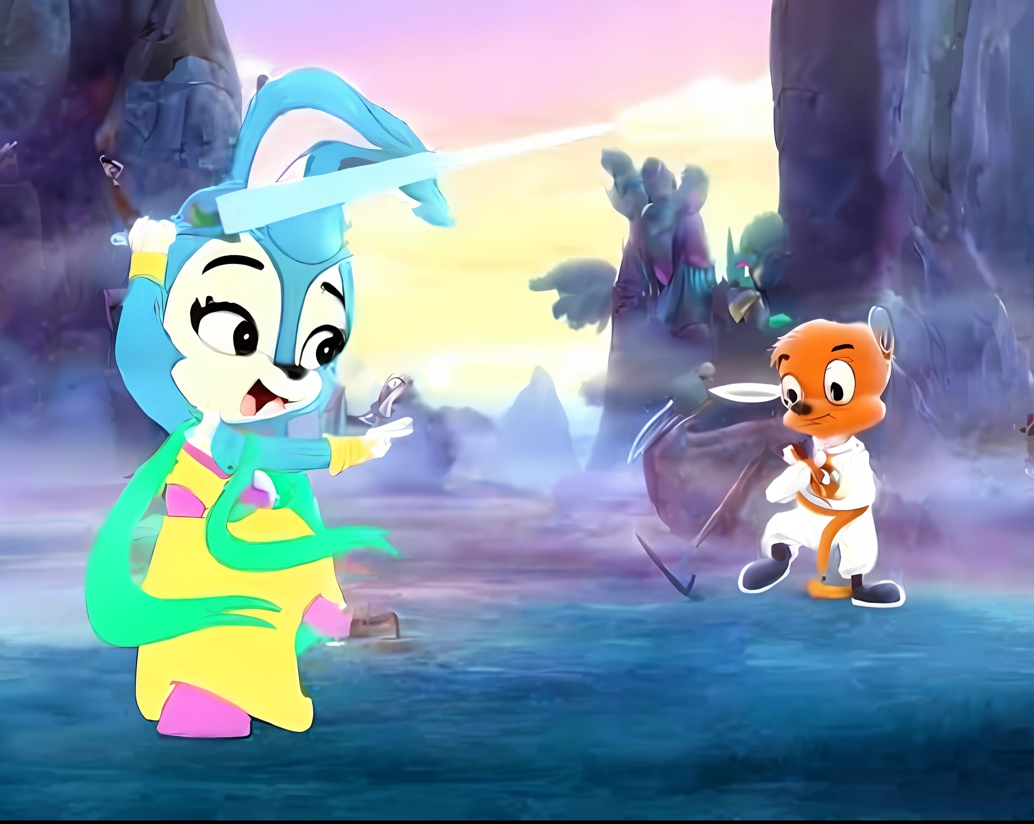 Close-up of cartoon character holding a sword close to a person, animated movie still, animated movie shot, film still from an cartoon, animated movie still, loony tunes style, Sony Pictures Animation, animated movie scene, Animated Movies, animated movie still, Animated Movies, an animated character, film promotional image, animated cartoon series, children's animated films