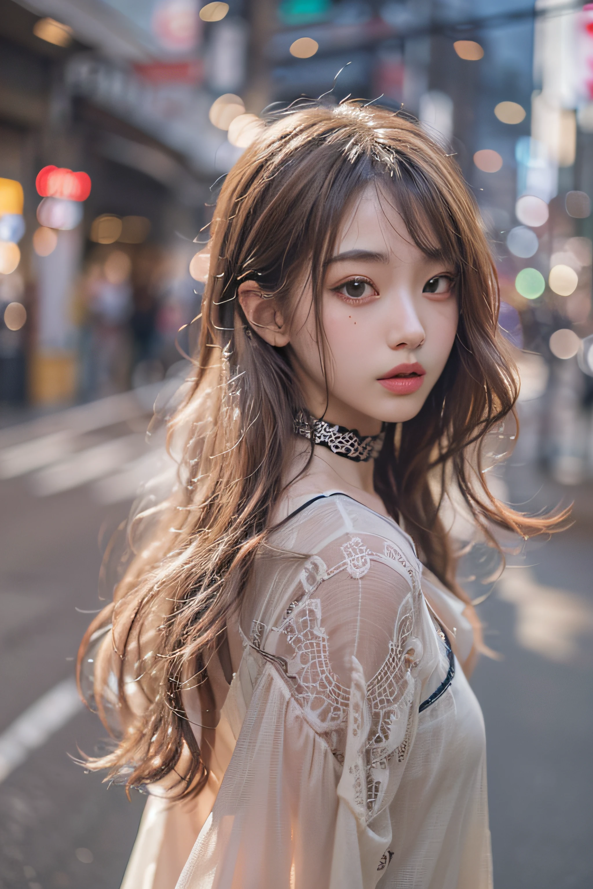 Best Quality Detail:1.2, realisitic, 8K UHD, hight resolution, 1girl in:1.2, The ultra-detailliert, High quality textures, intricate detailes, detaileds, Very detailed CG, High quality shadows, Detail Beautiful delicate face, Detail Beautiful delicate eyes, depth of fields, Ray traching, in her 20s, Pretty Kpop Girl, Korean Urzan Face:1.1, Slender face, ulzzang -6500-v1.1:0.6, pureerosface_v1, gloweyes, teak, Glossy lips, perfectbody, a choker、cleavage of the breast、 Brown hair、poneyTail:1.1, Street, Particle, look at viewr, Photorealsitic:1.4, ultra-detailliert, photos realistic, 4K 8K UHD Full Color RAW Photos, Fuji Film(Medium format:1.2), Hasselblad:1.2, Carl zeiss:1.1, Incredible dynamic range photography(UTIL_Art by Smoose-768:1.1), hight resolution, High pixel count, clear details, crisp image, Natural color reproduction, Noise Reduction, High fidelity, qulity, Software Improvements, Upscaling, Optimized algorithms, Pro-level retouching、((Shibuya, tokyo prefecture))、On the way to shopping、((Fashionable clothes with a very high design))、graphic t-shirt: Art and Logos、Graphic T-shirts printed with anime characters are trending.、Used for unique styling