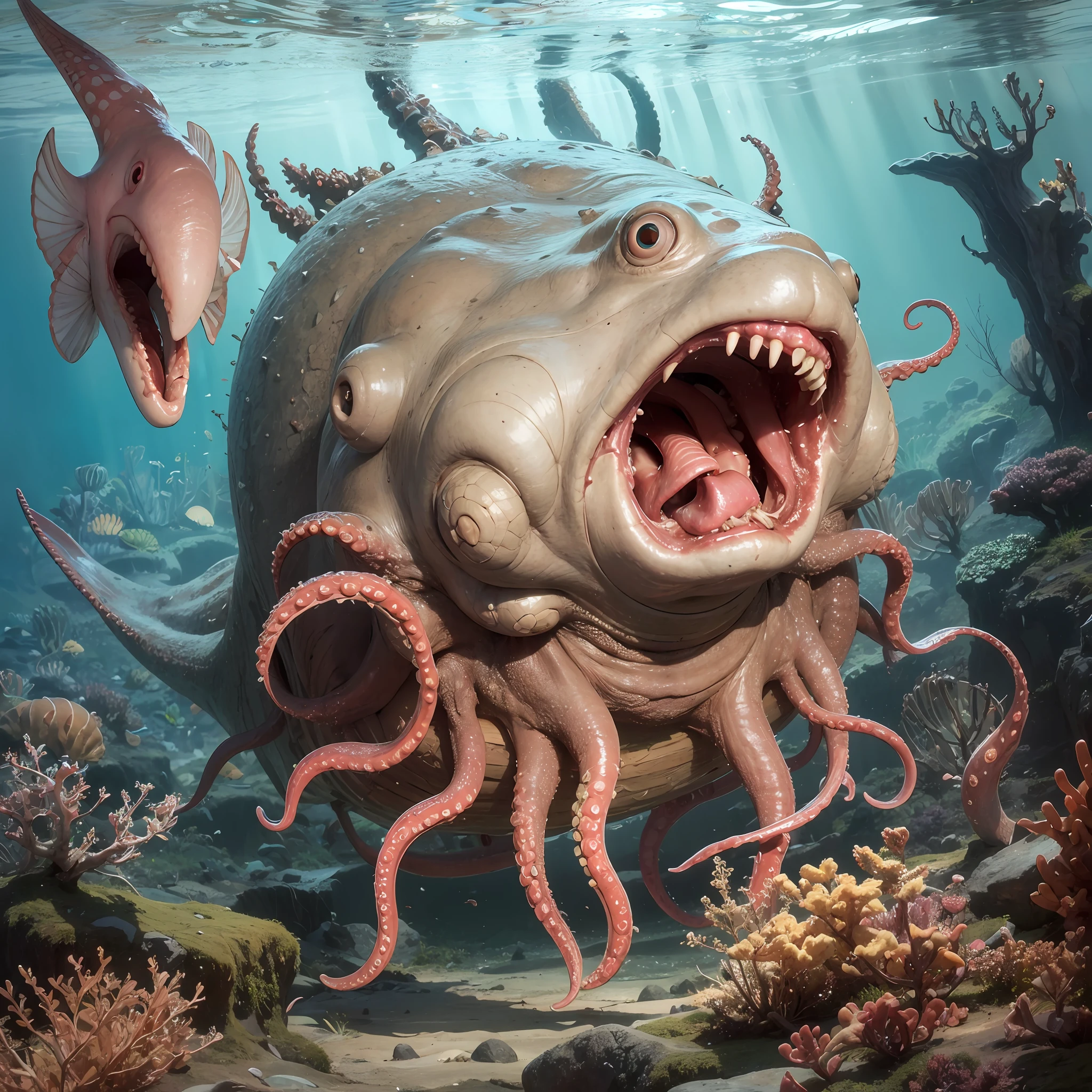 At the bottom of the deep sea, Large octopus, Embedded in unnatural corals, Seaweed tangled, Twist Arm, Twisted body, billowing, Deep-sea fish, Assimilate with nature, Grotesque corals,Colorful fish monster、japanes, Whole body, Faithful reproduction of a real human being, Very realistic, High quality, 8k resolution Photorealistic masterpiece