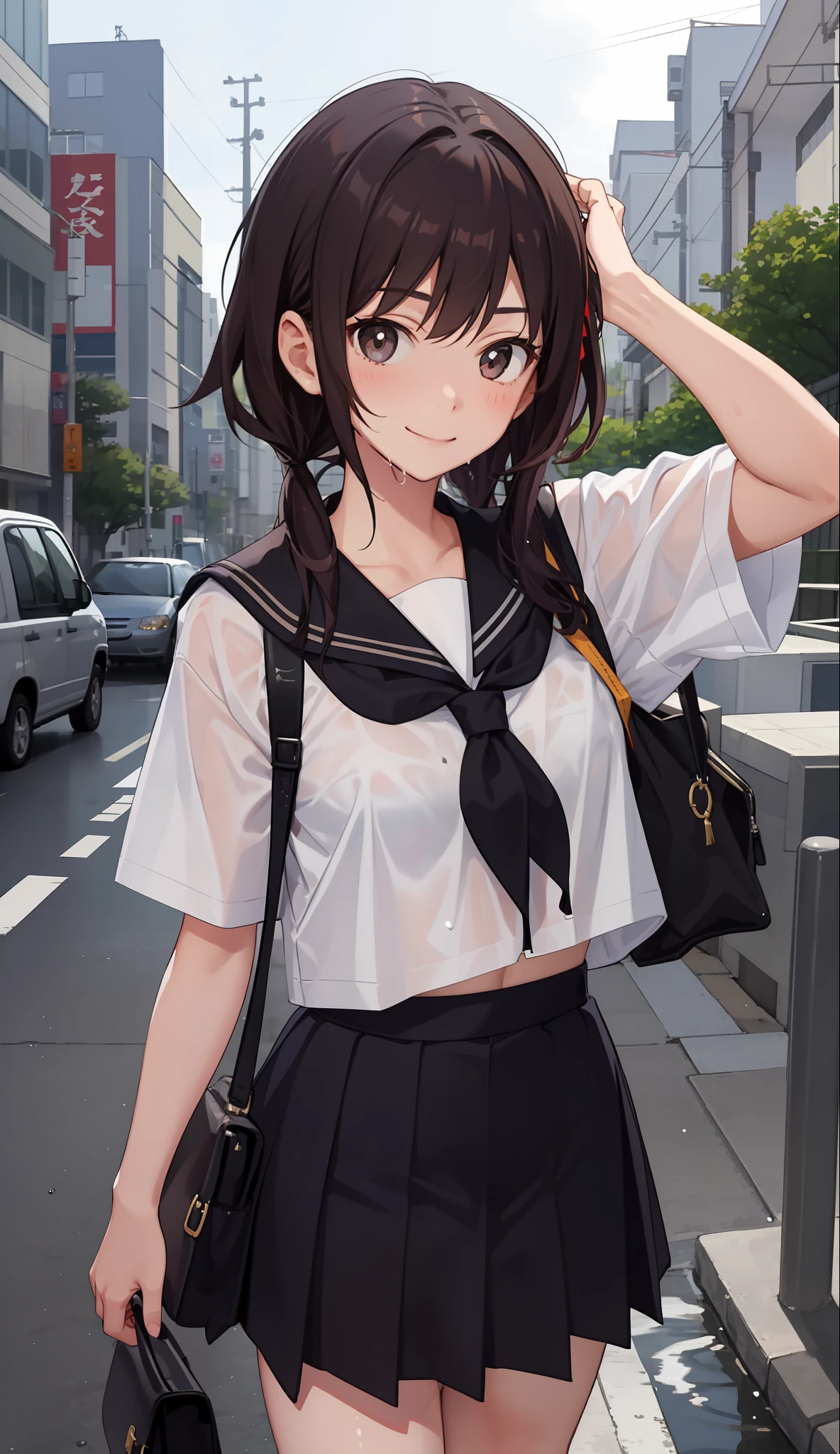 1girl in、A smile、The shirt、skirt by the、(small tits)Chilarism、Japan High School Student Uniform、serafuku、summer clothing、Squall Drenched Uniform、 bra very、(Upper body portrait)、