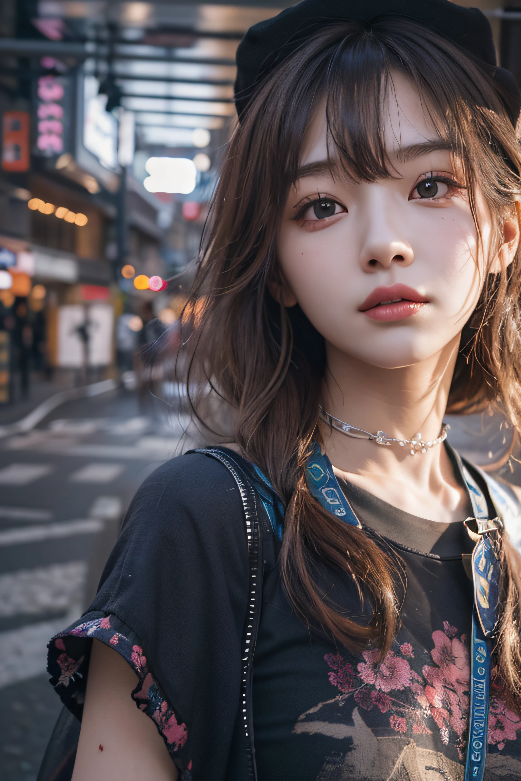 Best Quality Detail:1.2, realisitic, 8K UHD, hight resolution, 1girl in:1.2, The ultra-detailliert, High quality textures, intricate detailes, detaileds, Very detailed CG, High quality shadows, Detail Beautiful delicate face, Detail Beautiful delicate eyes, depth of fields, Ray traching, in her 20s, Pretty Kpop Girl, Korean Urzan Face:1.1, Slender face, ulzzang -6500-v1.1:0.6, pureerosface_v1, gloweyes, teak, Glossy lips, perfectbody, a choker、cleavage of the breast、 Brown hair、poneyTail:1.1, Street, Particle, look at viewr, Photorealsitic:1.4, ultra-detailliert, photos realistic, 4K 8K UHD Full Color RAW Photos, Fuji Film(Medium format:1.2), Hasselblad:1.2, Carl zeiss:1.1, Incredible dynamic range photography(UTIL_Art by Smoose-768:1.1), hight resolution, High pixel count, clear details, crisp image, Natural color reproduction, Noise Reduction, High fidelity, qulity, Software Improvements, Upscaling, Optimized algorithms, Pro-level retouching、((Shibuya, tokyo prefecture))、On the way to shopping、((Fashionable clothes with a very high design))、graphic t-shirt: Art and Logos、Graphic T-shirts printed with anime characters are trending.、Used for unique styling
