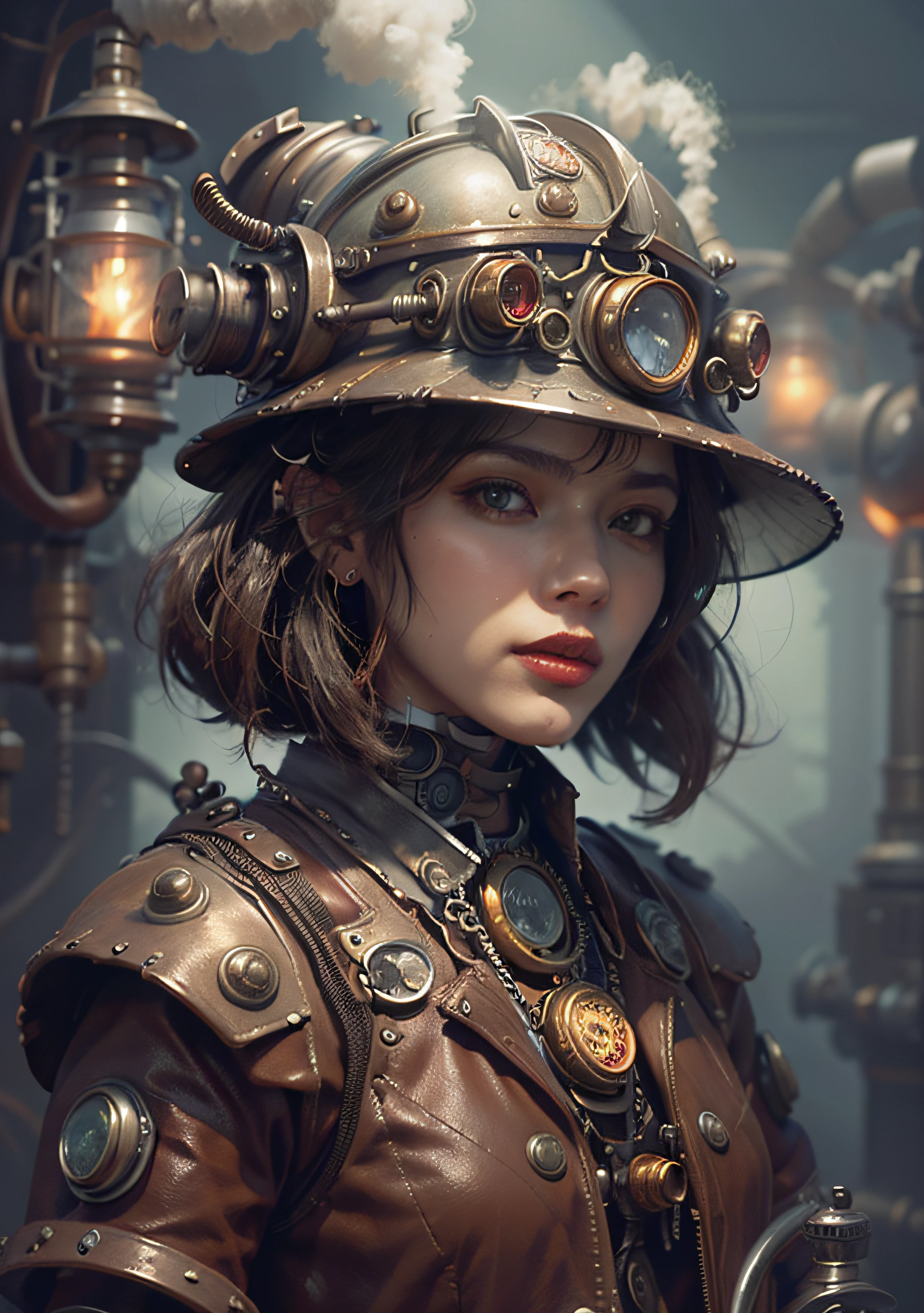 There's a woman with a steam-powered helmet, arte conceitual steampunk, arte steampunk digital, arte steampunk de alta qualidade, Wojtek FUS, arte digital steampunk, detailed steampunk illustration, Portrait of a mechanical woman, arte steampunk, estilo de arte dieselpunk, cyberpunk steampunk, estilo de fantasia steampunk, Arte digital altamente detalhada em 4k, sci-fi steampunk