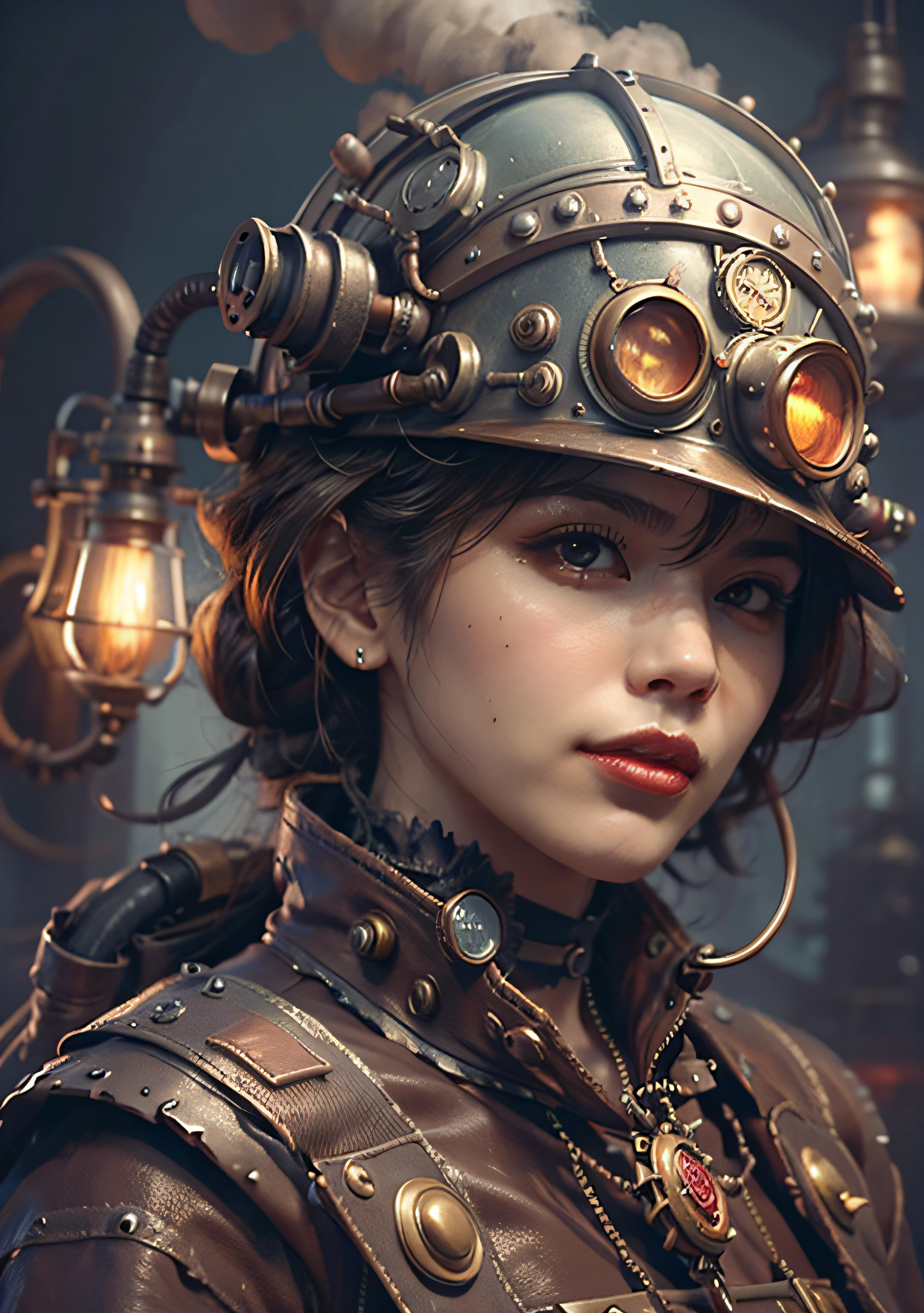 There's a woman with a steam-powered helmet, arte conceitual steampunk, arte steampunk digital, arte steampunk de alta qualidade, Wojtek FUS, arte digital steampunk, detailed steampunk illustration, Portrait of a mechanical woman, arte steampunk, estilo de arte dieselpunk, cyberpunk steampunk, estilo de fantasia steampunk, Arte digital altamente detalhada em 4k, sci-fi steampunk