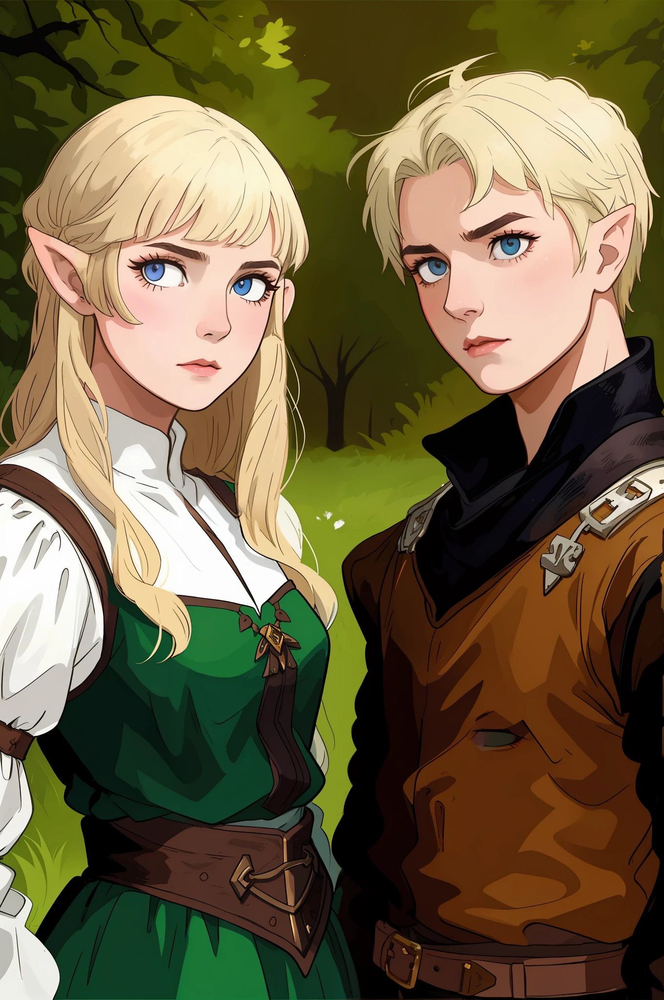 Homem de cabelos loiros e mulher de cabelos loiros em vestido medieval posando para uma foto, zelda e link, side portrait of elven royalty, Darius Zawadzki e Tom Bagshaw, Tuomas Korpi e Wlop, Arte no estilo de Guweiz, retrato realista do renascimento, cosplay realista, retrato de alta qualidade, cosplay completo, loish e wlop