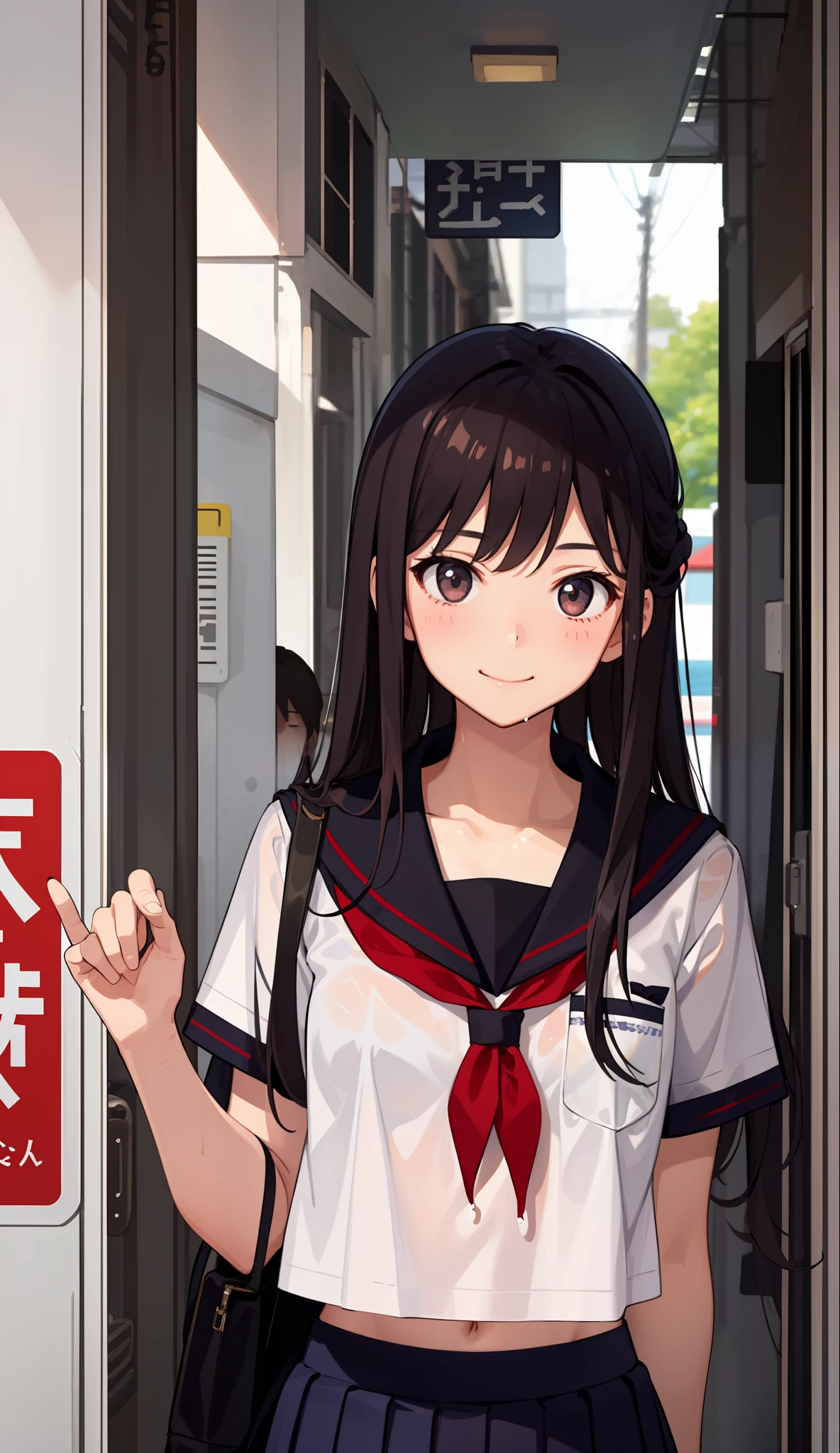 1girl in、A smile、The shirt、skirt by the、（small tits）Chilarism、Japan High School Student Uniform、serafuku、summer clothing、Squall Drenched Uniform、 Sheer bra、（Upper body portrait）、