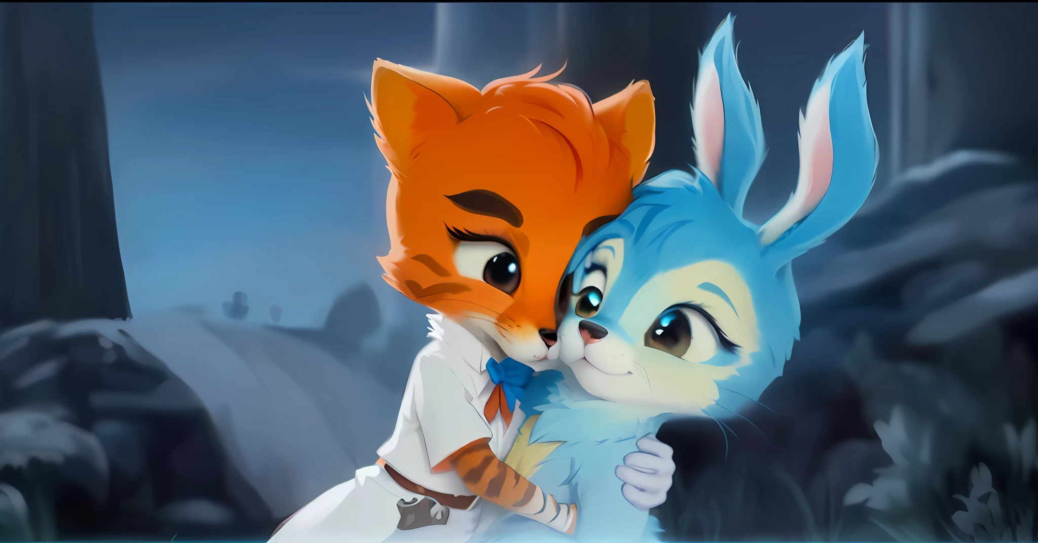 Close-up of cartoon cat and cartoon bunny hugging, coloured in blueberra and orange, fantasy fox love, some orange and blue, cyan and orange, in style of disney zootopia, in style of zootopia, 📷 mungojerrie and rumpleteazer, kissing together cutely, They are in love, Furry tail