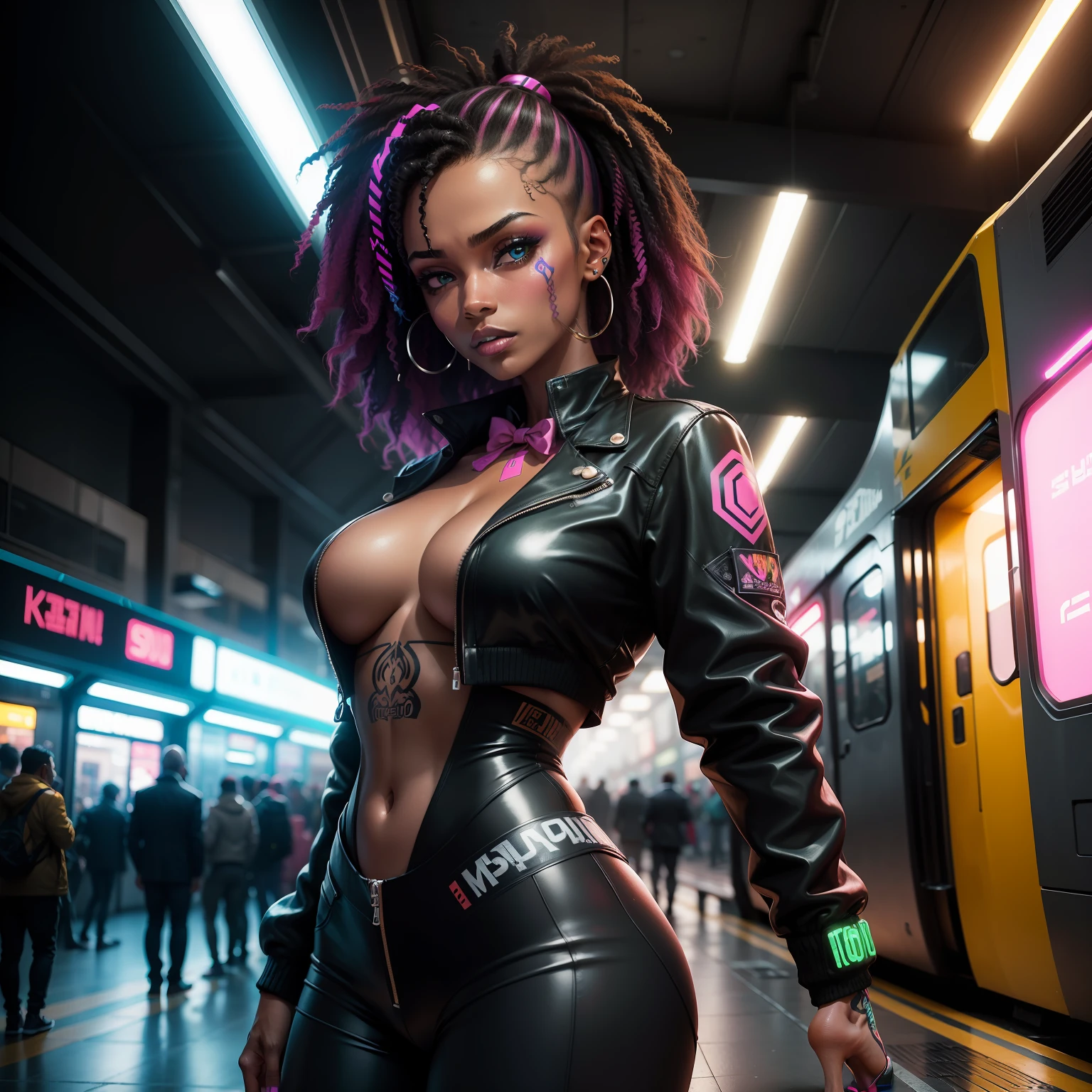 gostaria de uma imagem estilo cyberpunk em 4k de uma Mulher negra de mais ou menos 30 anos , forte, de pele negra ,rosto sexy com cabelo punk estilo anos 80 na cor do cabelo amarelo e azul muito elegante, futurista e estilo neon , com uma tatuagem super colorida e com neon ,Toattoo, facing a metro station on the platform , with station lights failing in a dimly lit environment, standing dressed in a dark yellow suit with a pink bow tie