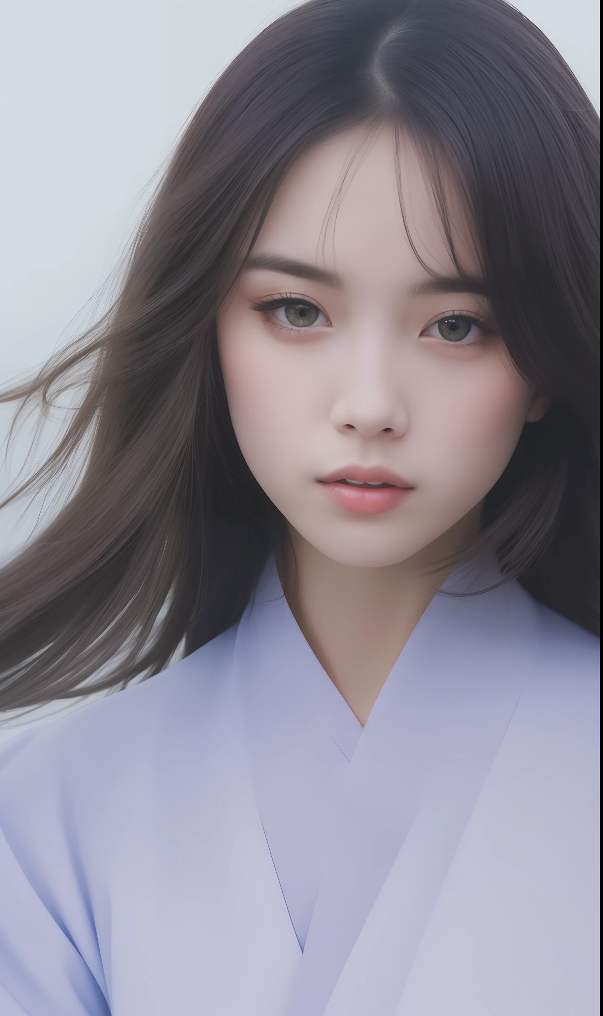 (solo girl portrait (beautiful detailed face:1.6, beautiful detailed eyes:1.3),hanfu,dress lift,absurdly long hair,floating),(lavender background),(highest quality,8k,GameCG,photorealistic,wallpaper),(color of Red|green|blue|black|white),By Raphael,America:0.5