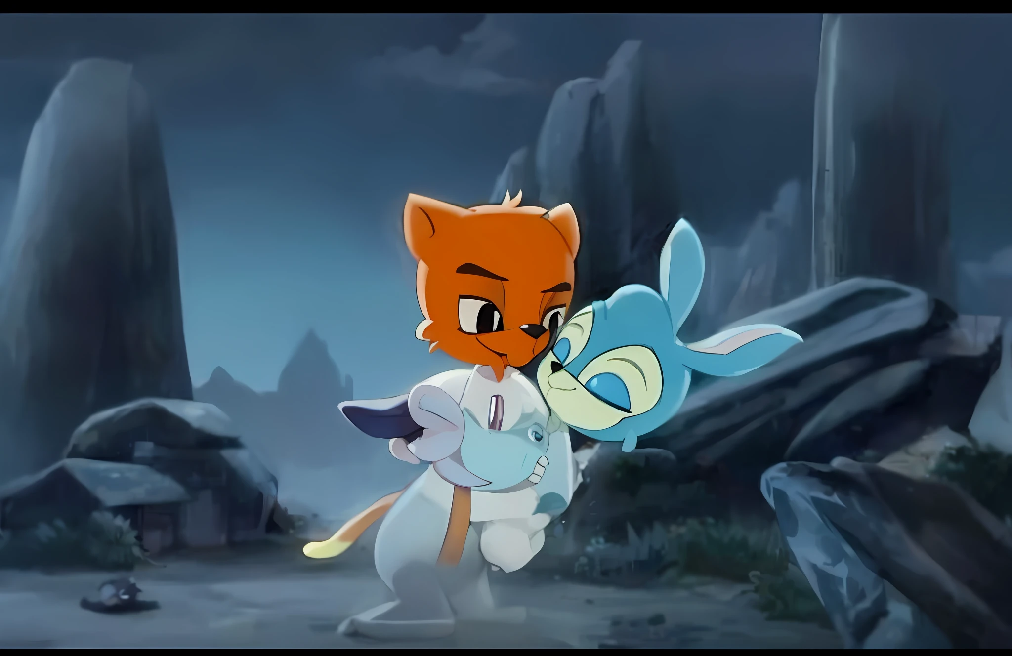 Close-up of cartoon character holding a cat, don bluth!!, don bluth!!!, inspired by Don Bluth, loony tunes style, gumball watterson, rescue from the underworld!!!!!!, disney's bambi cat, don bluth animation, style of disney animation, samurai pizza cats