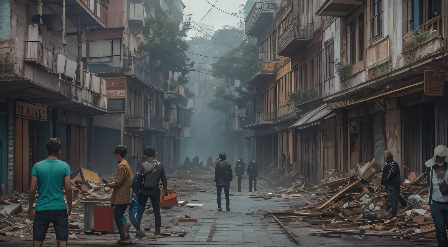 Create an epic scene in format16:9, using high-resolution images (8k), that portrays the abandoned city of São Paulo in the midst of a catastrophe. hungry people in high detail with dishes in their hands, ao fundo uma pequena fila de pessoas esperando para se alimentar. adicionar pessoas desesperadas, enquanto outras pessoas perfeitas choram na frente de supermercados saquiados, Convey the emotion and mysterious atmosphere of a ghost town through this high-art cinematic representation of artificial intelligence.