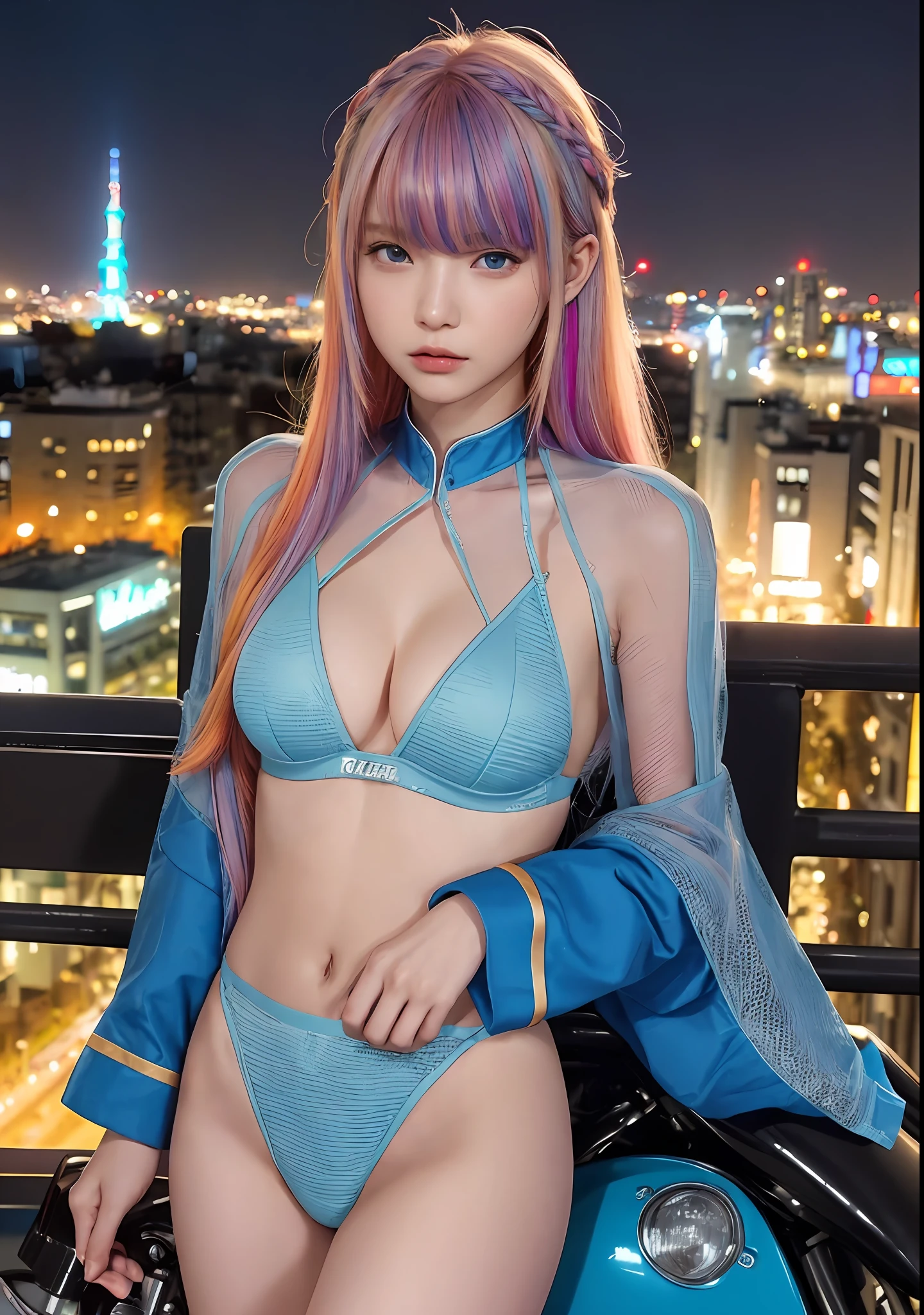 Photo of an 18-year-old girl、Beautuful Women、((portlate))、((详细的脸:1.2))、((detailed facial features))、(Fine skin)、pale-skinned、(cold color)、cool、(masterpiece)(perfectly proportions)(photos realistic)(top-quality)(detaileds)photographed in a Canon EOS R5、 50mm Lens, F/2.8, nffsw, (8K) (wall-paper) (电影灯光) (dramatic lighting) (foco nítido) (with an intricate) lo fashion、(camel's toe)、((Thin rider suit))、((Hair with colored mesh:1.2))、(Colorful colored hair:1.3)、(Bright blue eyes)、(Seductive open legs pose)、((A pier with a view of the Tokyo cityscape at night))、motor bikes