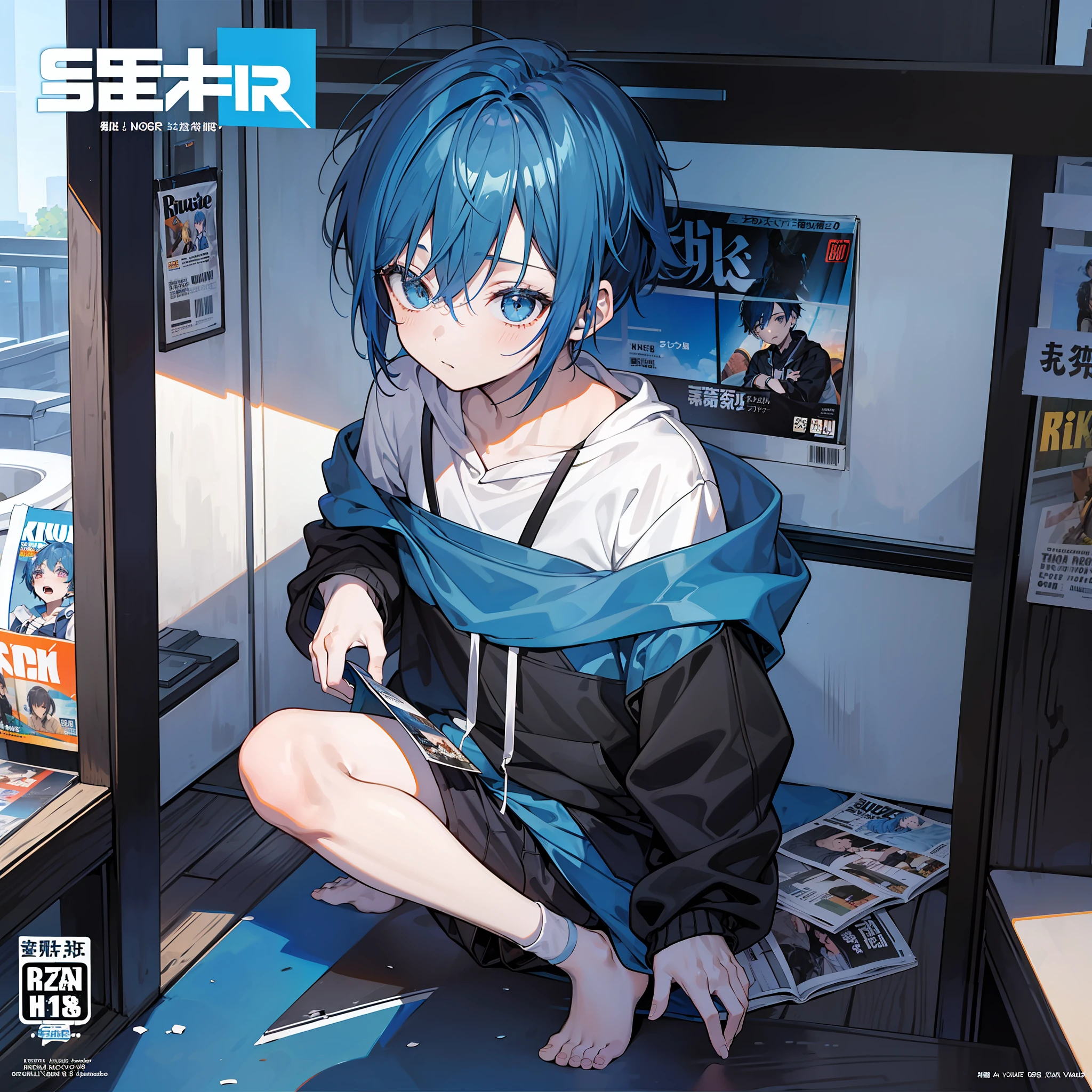 masterpiece, best quality, full body, (1boy), (blue hoodie), (Boy Messy Japanese Round Haircut for Thick Hair), (blue hair), black shorts, (solo), (magazine:1.3), (cover-style:1.3), fashionable,Isekai