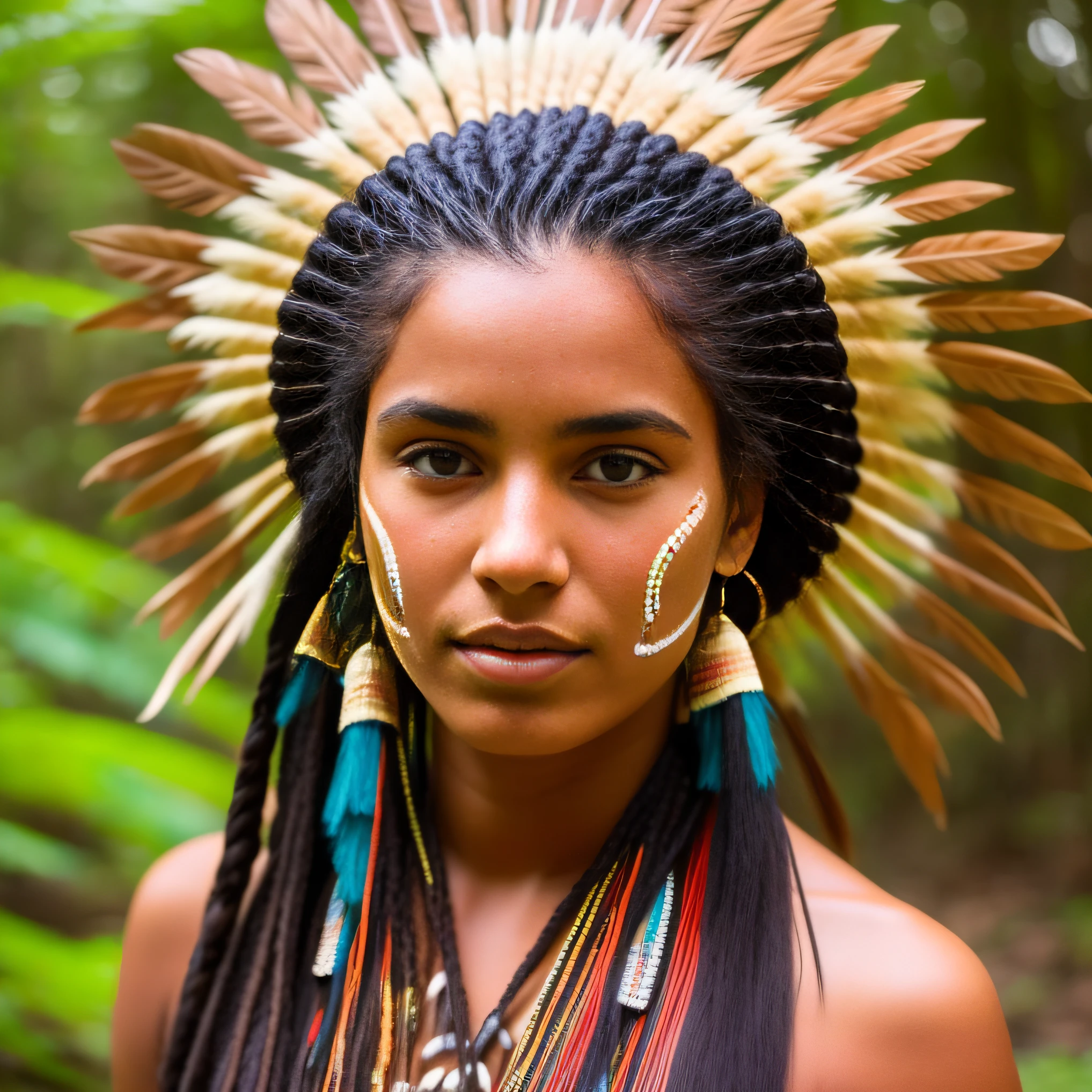 a beautiful indigenous woman, cabelo liso, no meio da floresta